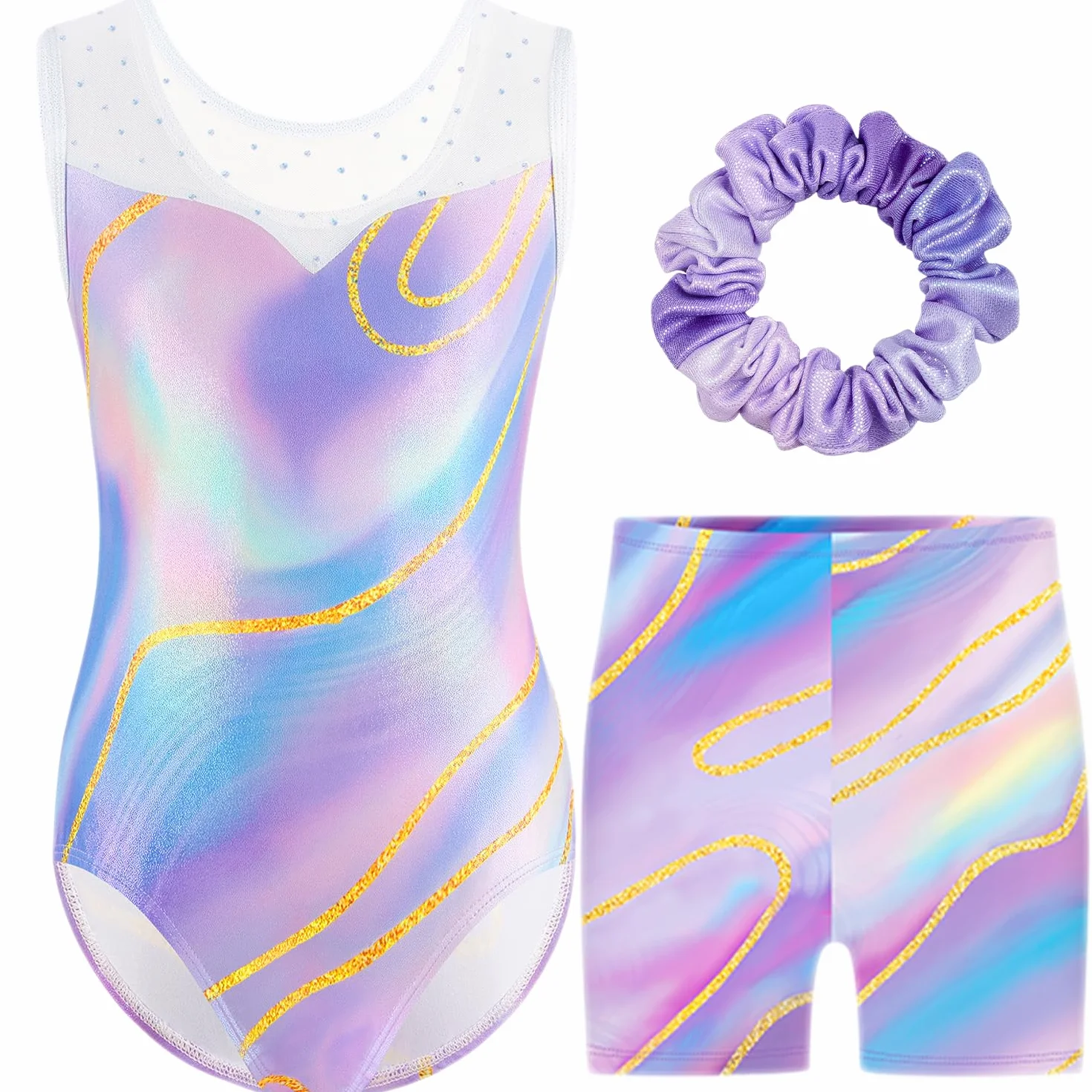 Justaucorps de Gymnastique Trois Pièces pour Filles Sans Manche avec Short et Bandeau