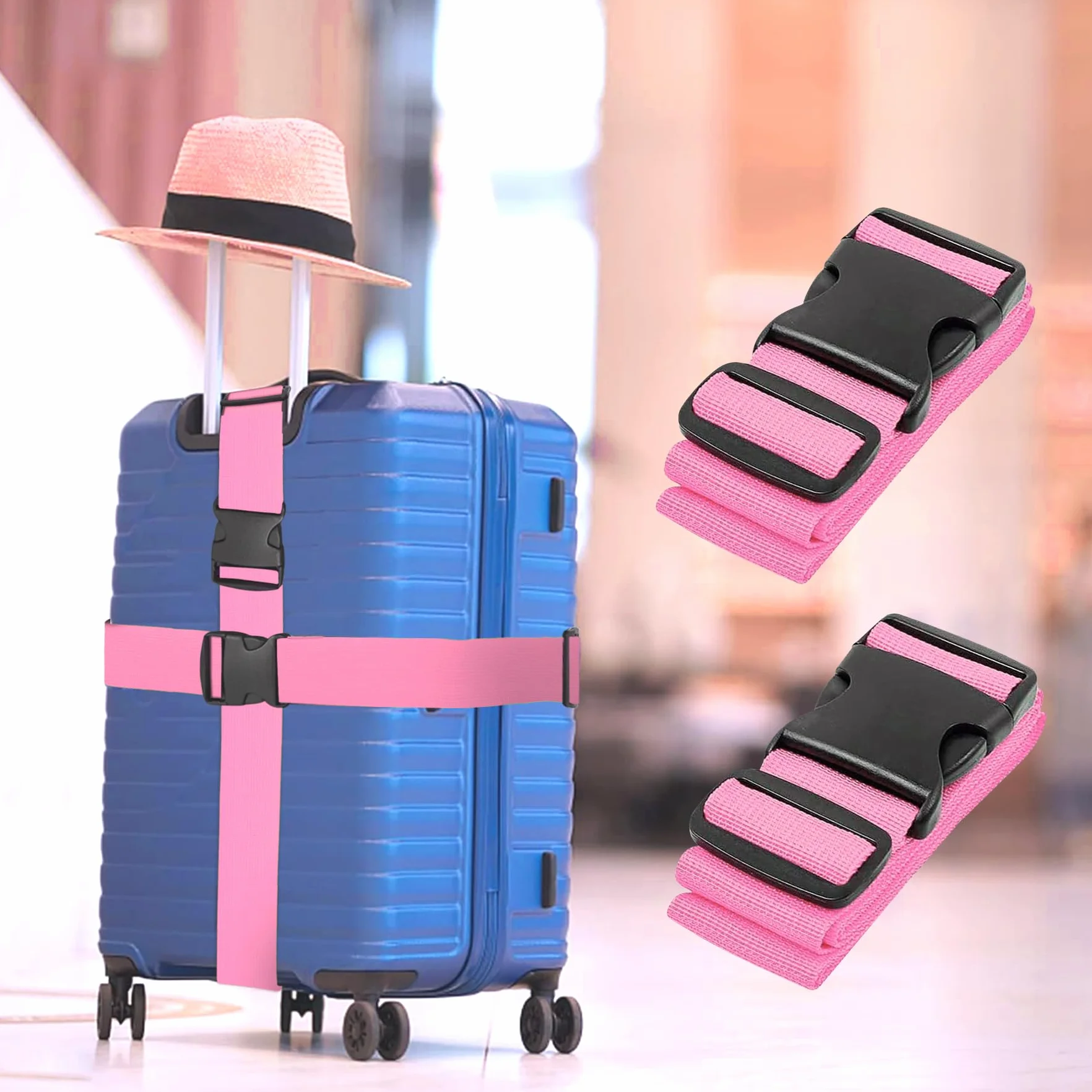 Sangles de Bagage Réglables avec Boucle Ceinture Élastique Valise Croisée Voyage Lanière 2 Pièces (Rose)