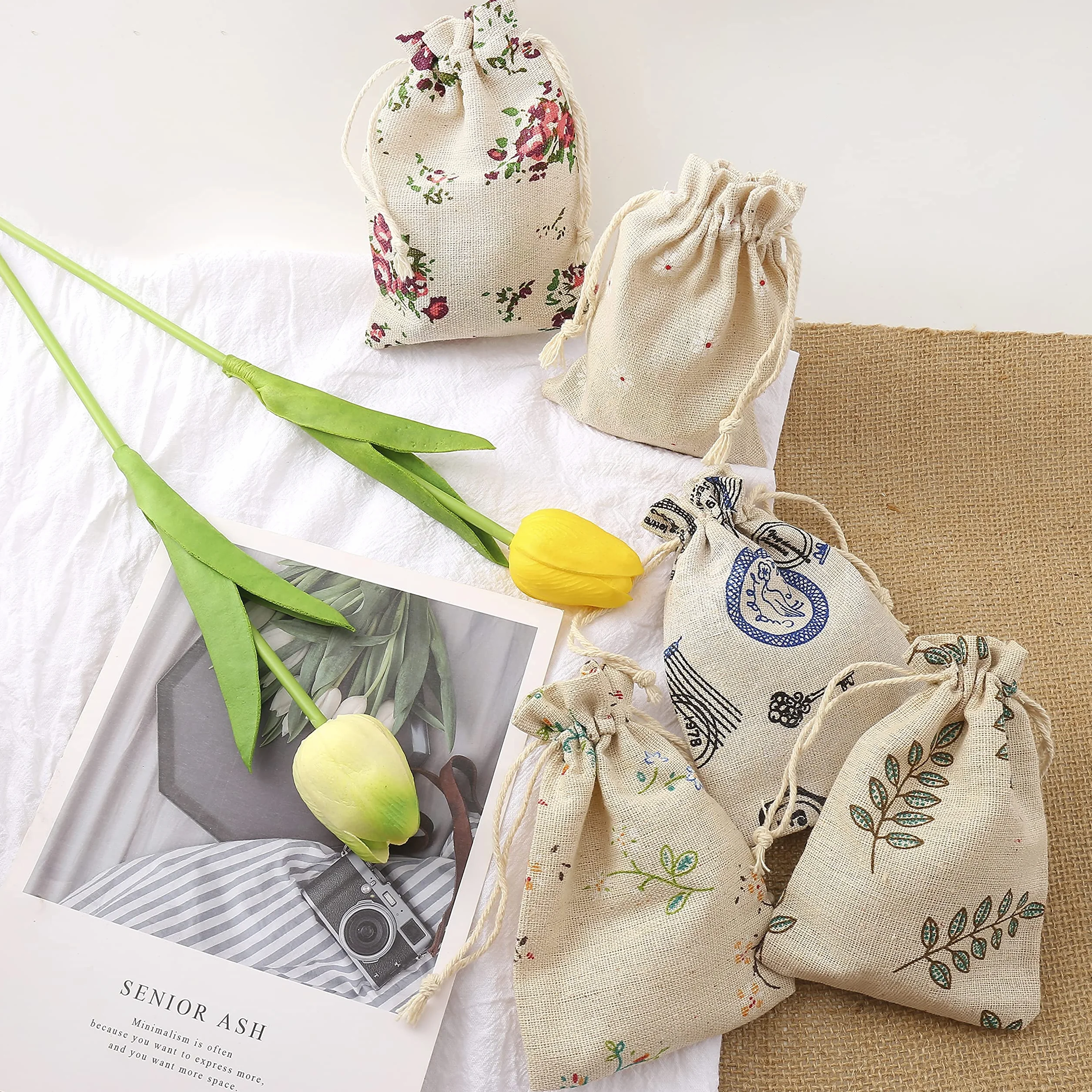 HERZWILD 25pcs Petits Sacs en Coton Sac Toile de Jute avec Cordon de Serrage, Pochette Lin Réutilisable
