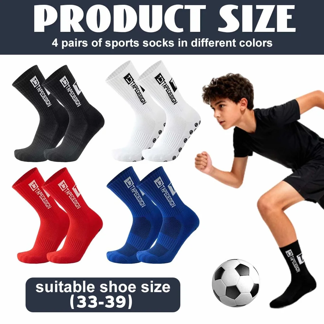 Chaussette Foot Enfant 4 Paires Antidérapantes Taille 33-39 Blanc Noir Bleu Marine Rouge