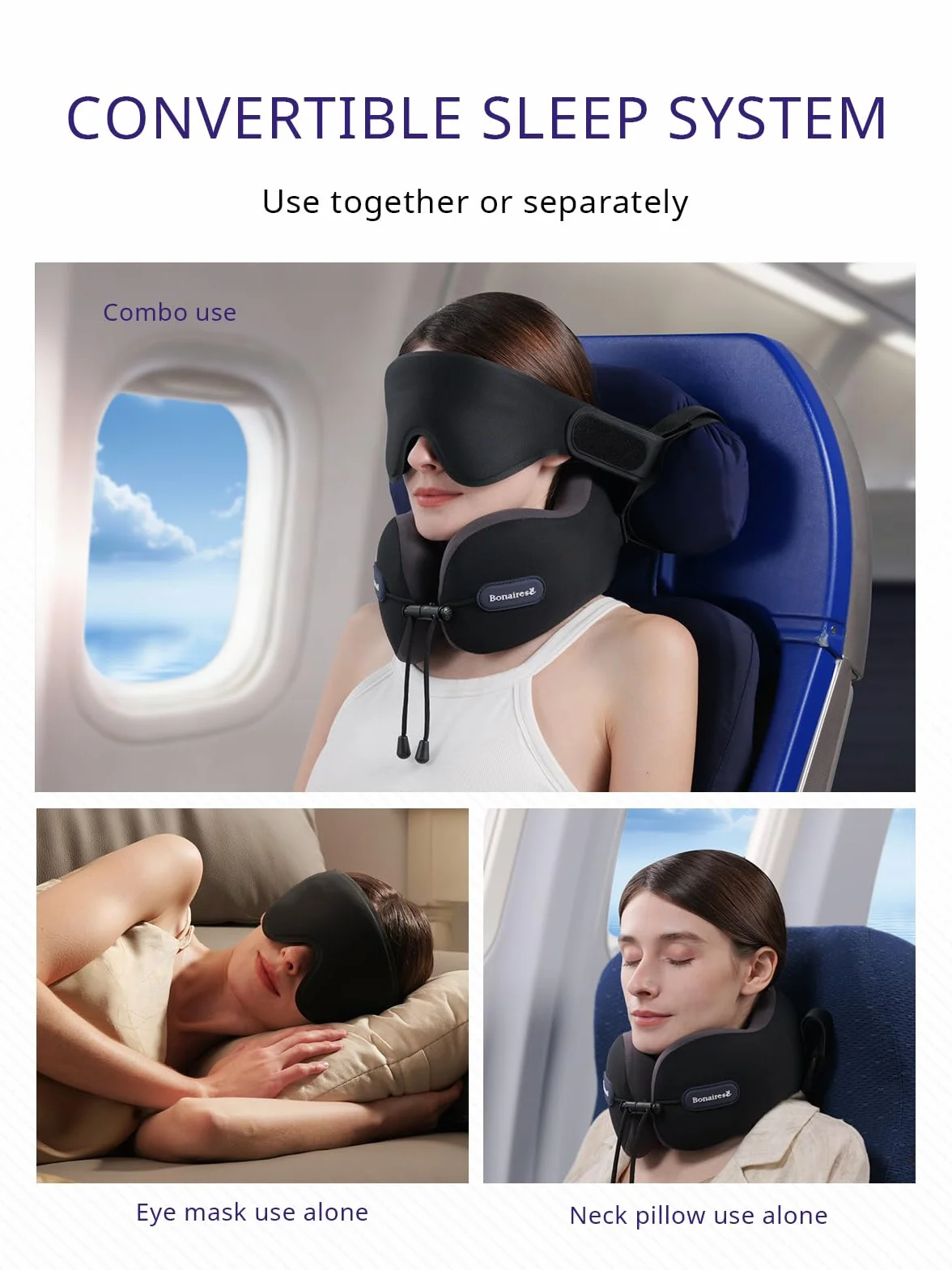 Oreiller de Voyage Coussin Cervical Avion Masque de Sommeil 3D Sangle de Siège Mousse Double Densité Gris/Rouge