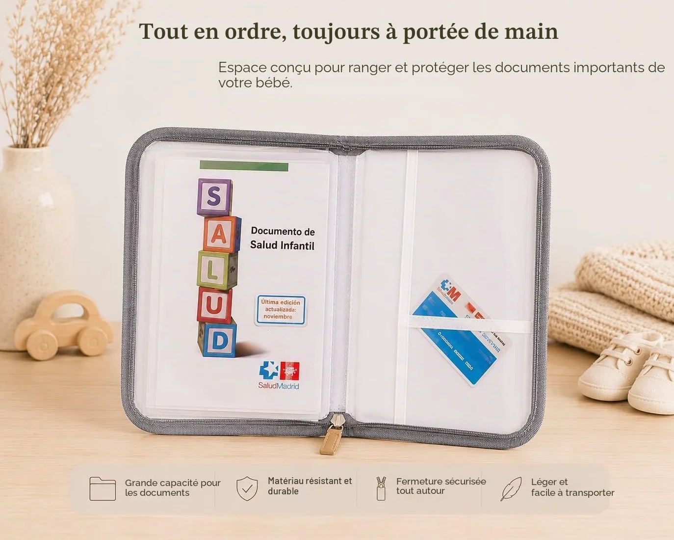 Porte-Documents Pour Bébé Organisateur Documents Familiaux Unisexe Durable Gris