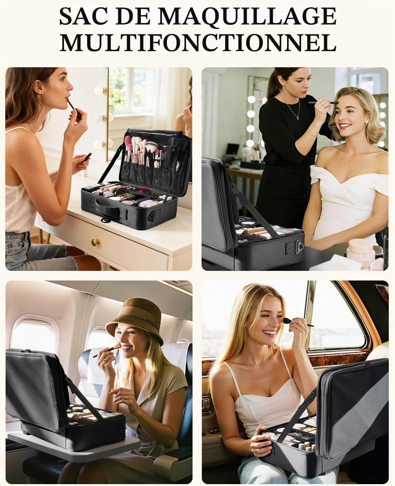 Luxspire Malette Maquillage Femme Trois Étages Portable Miroir Valise Sac Toilette Compartiment Réglable Noir