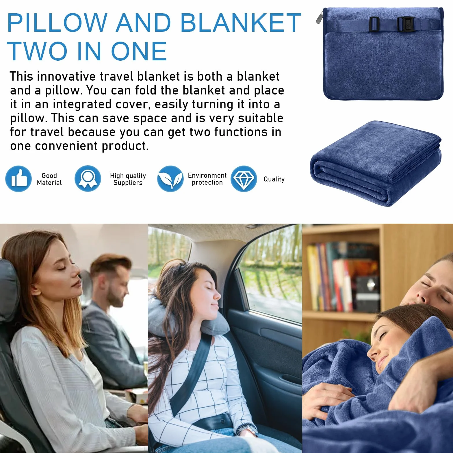 BAIFULAI Couverture de voyage 2 en 1 avec masque de sommeil et bouchons d'oreilles - Coussin transformable
