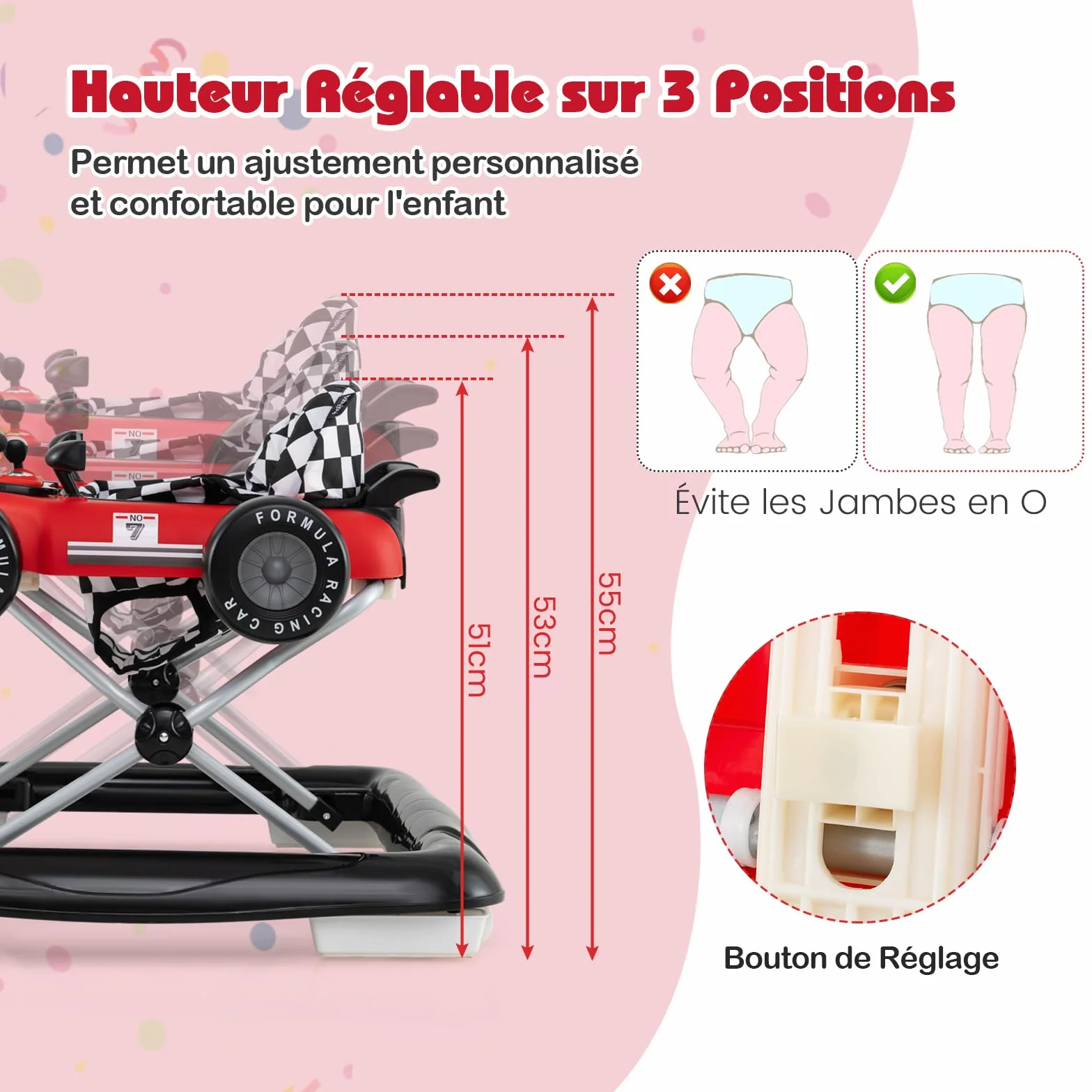 GOPLUS Trotteur Bébé 4 en 1 Pliable avec 3 Hauteurs Réglables, Musique, Lumières, Charge 12 KG 6-12 Mois Rouge