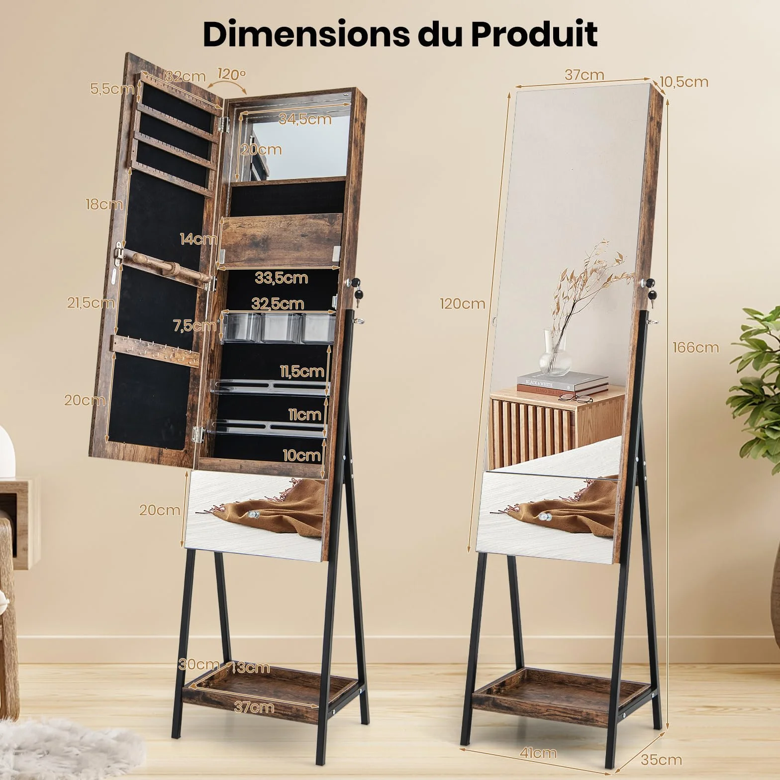 GOPLUS Armoire à Bijoux sur Pied 166CM avec Lumières LED 3 Couleurs, Miroir Pleine Longueur, Verrouillable (Marron)