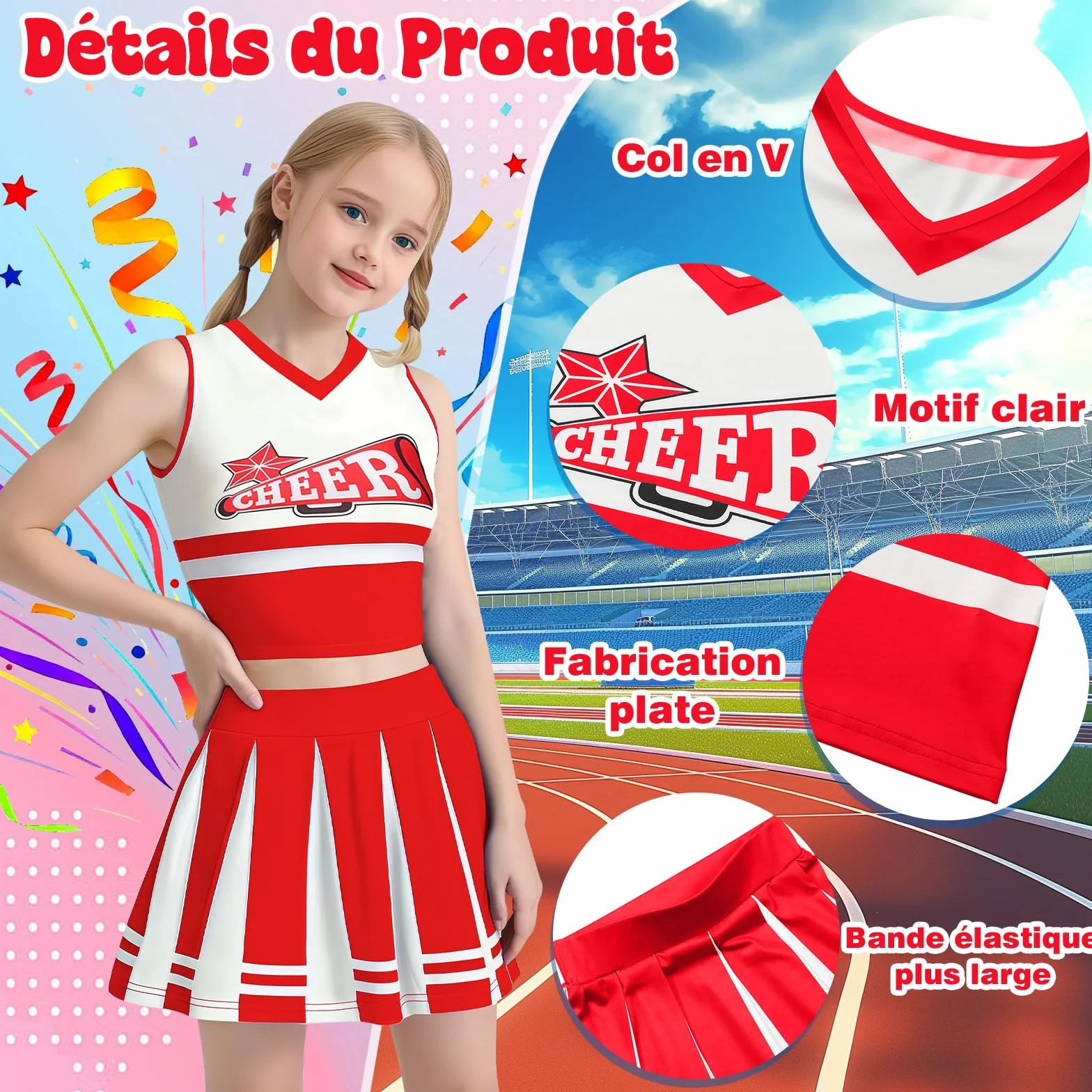 Deguisement Pompom Girl Cheerleader avec Pom Poms Noeud Chaussettes Costume Enfant Uniforme Carnaval Halloween