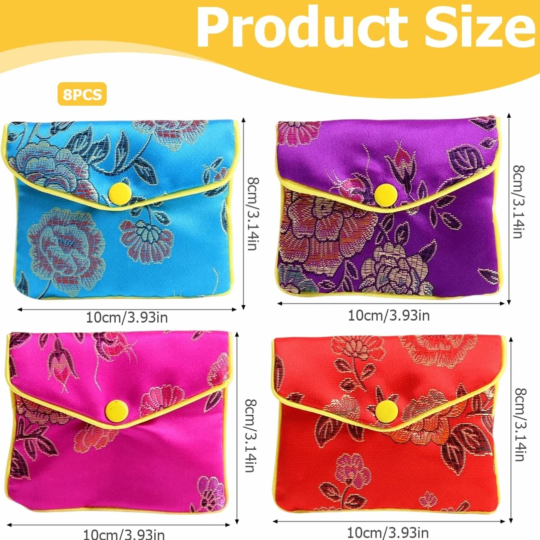WeddHuis Lot de 8 Pochette Cadeau Bijoux en Soie Brocart Voyage Femmes Petit Sac Tissu Monnaie 8 x 10 cm
