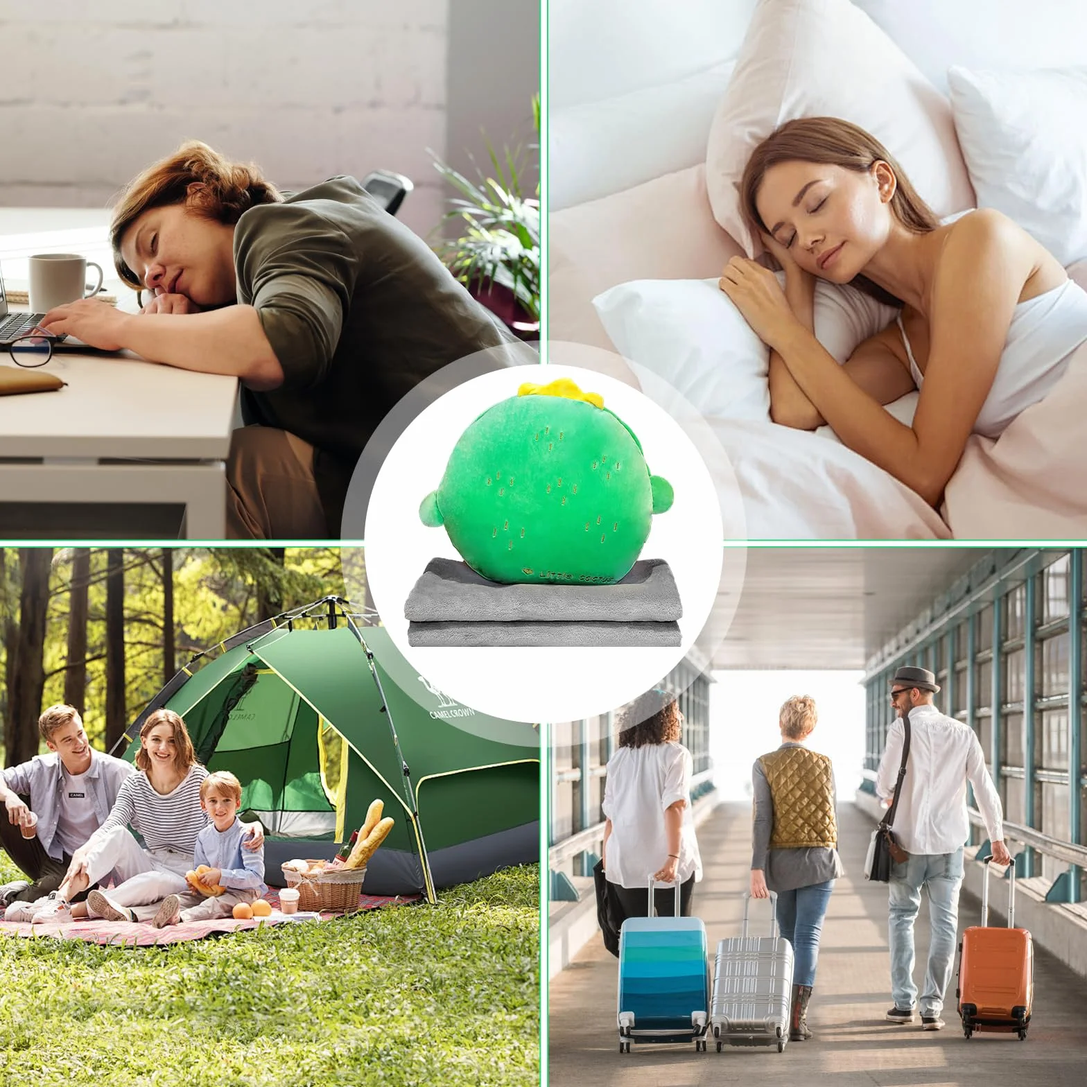MeYuxg Couverture de Voyage 3 en 1 avec Housse Oreiller Coussin de Dossier Voiture Enfants Adultes Cadeaux Doux Cactus