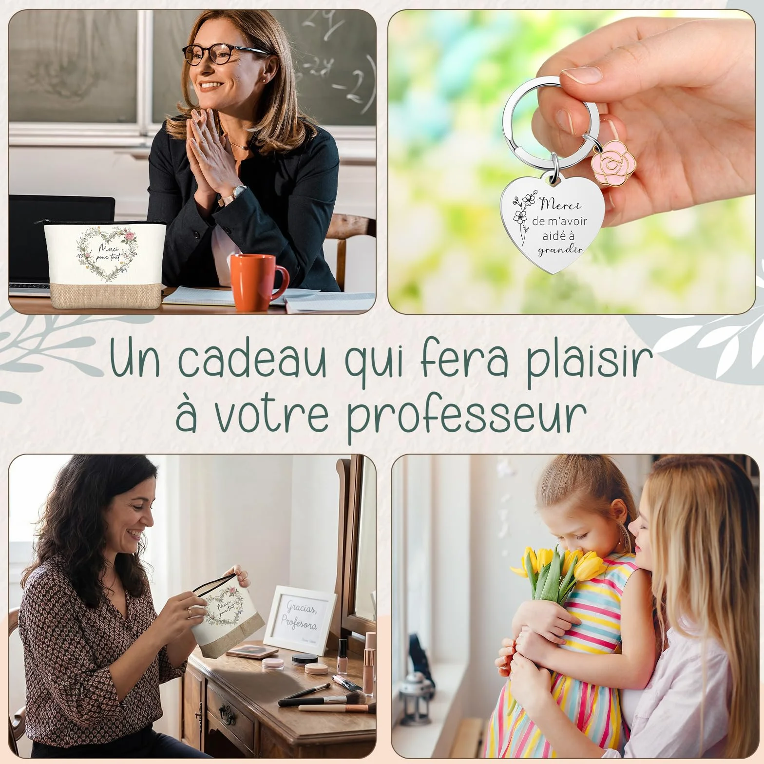 Coffret Cadeau Merci Maitresse avec Porte Clef et Trousse de Maquillage sur Toile Cadeau Enseignants Fin d'Études
