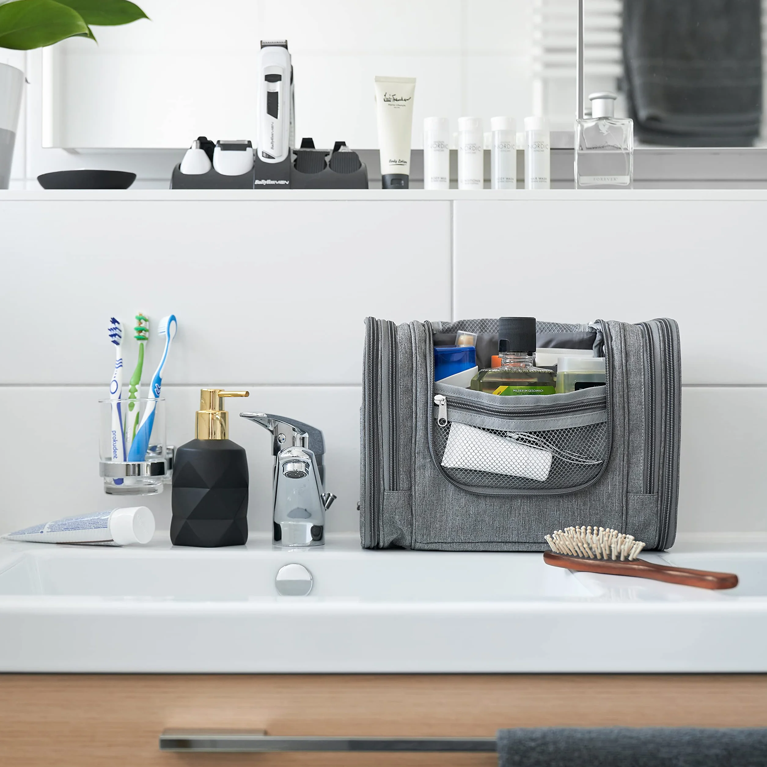 Obics® Trousse de Toilette Voyage 8L Gris Grand Sac à Cosmétiques avec Poignée de Suspension et Miroir 10 Compartiments