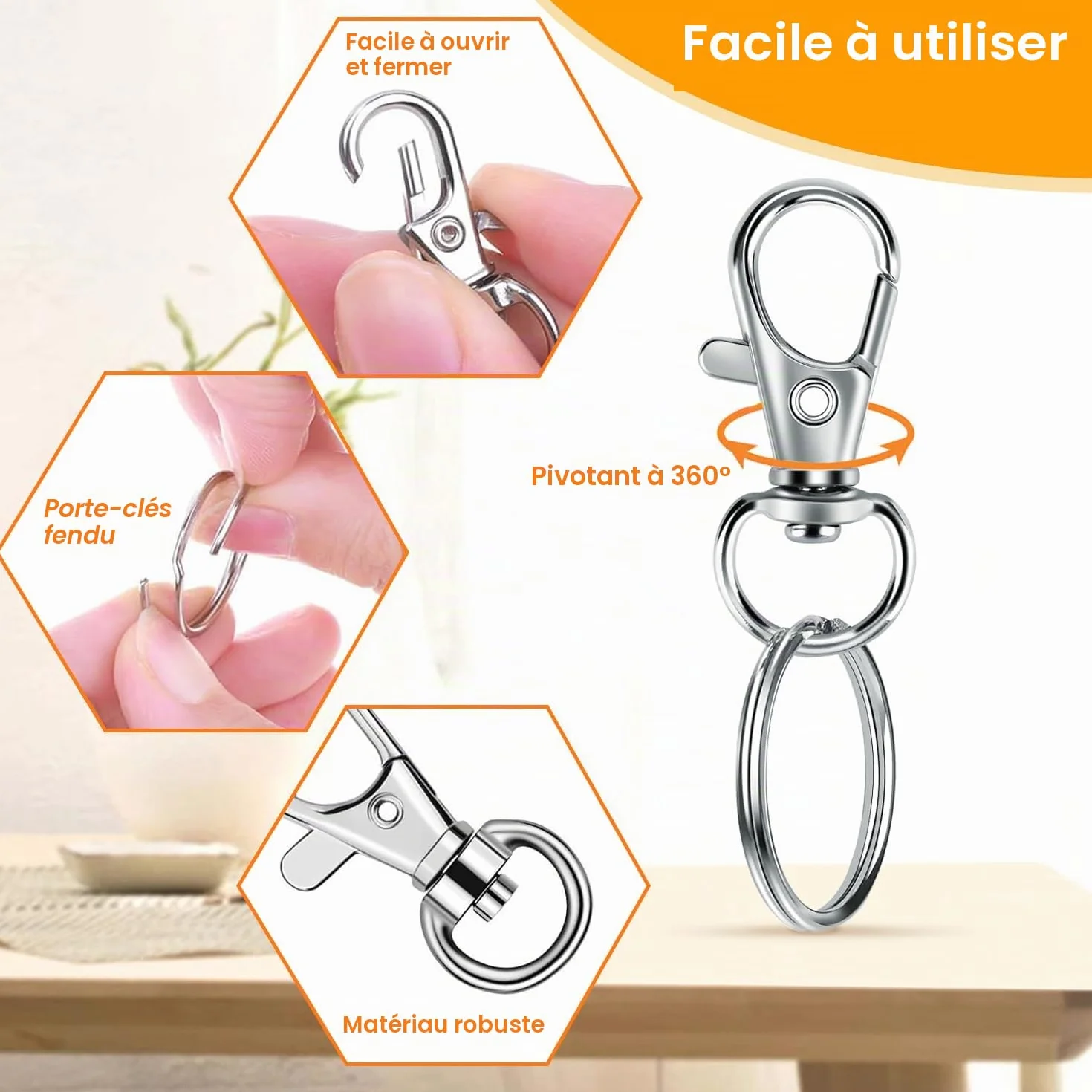 Porte-clés mousqueton anneau en acier inoxydable 40 pièces, ensemble alliage zinc pour bricolage artisanat maison voiture sport