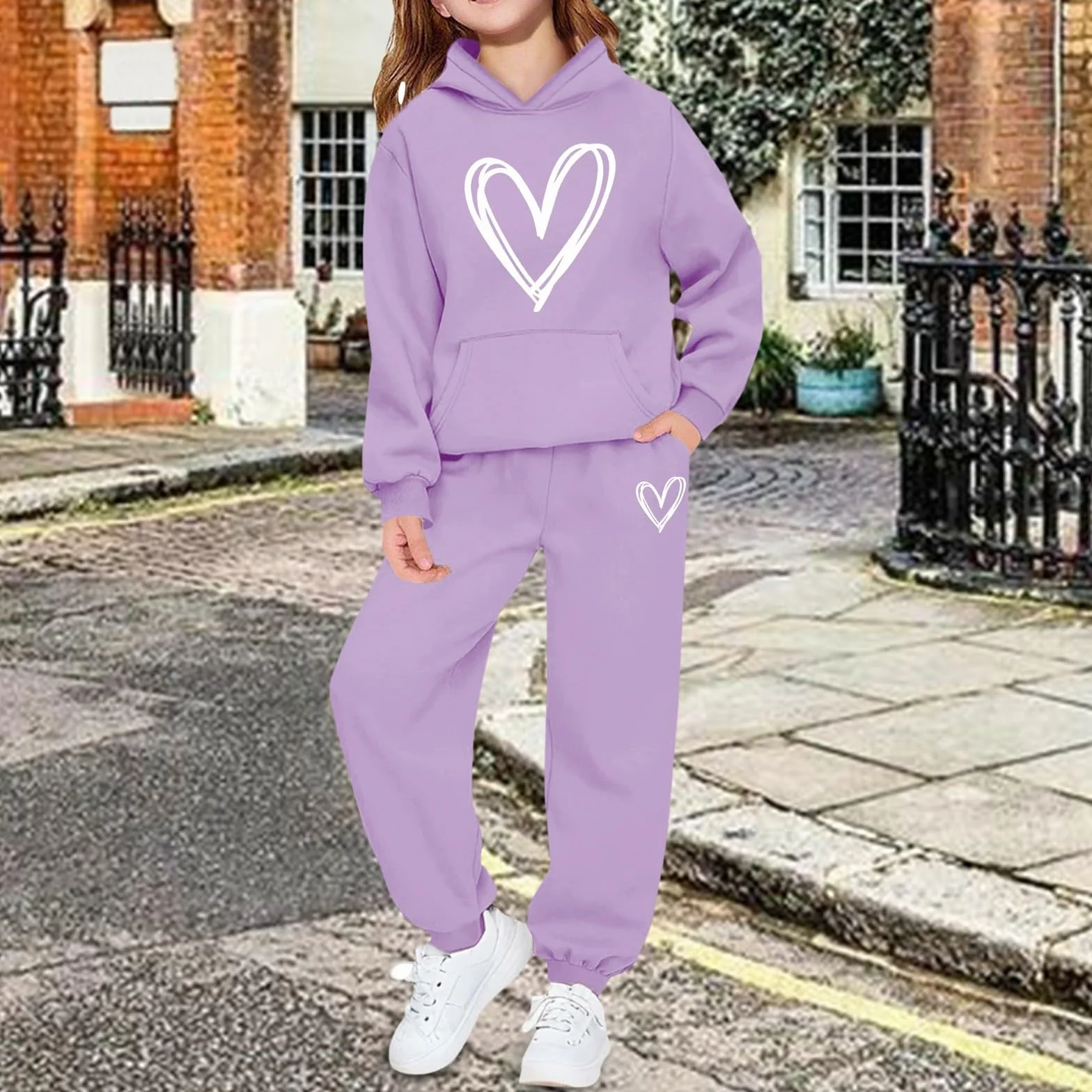 Ensemble survêtement 2 pièces imprimé cœur filles - Pull manches longues jogging adolescentes - Mode Y2K vêtements sport