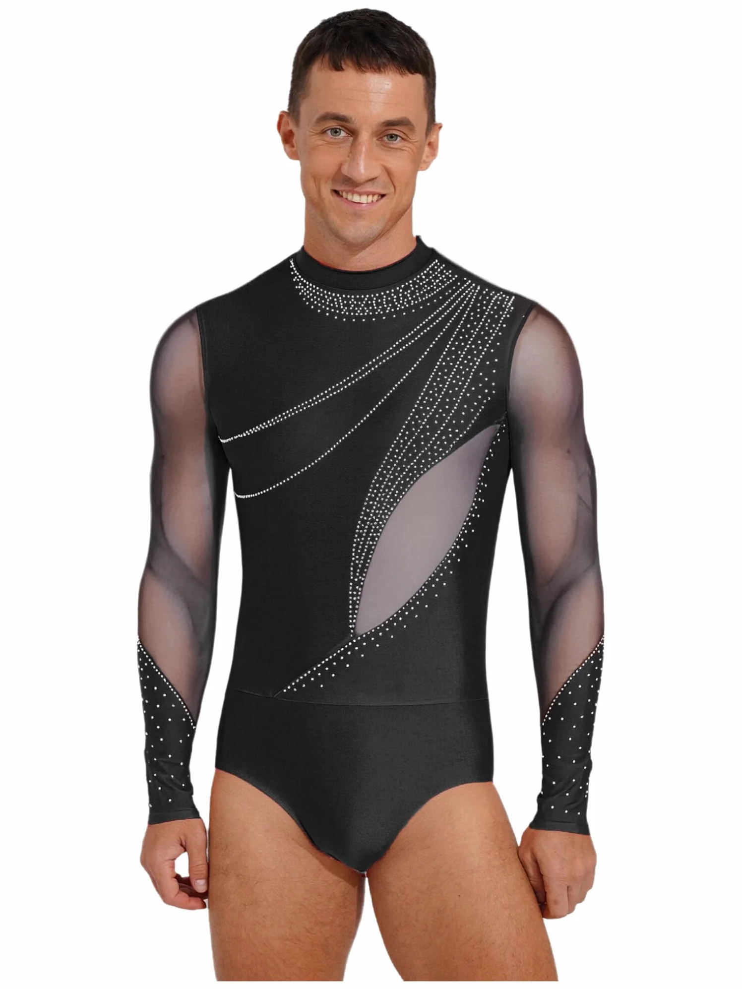 Oyolan Homme Justaucorps Gymnastique Strass Body Danse Latine Manches Longues Leotard