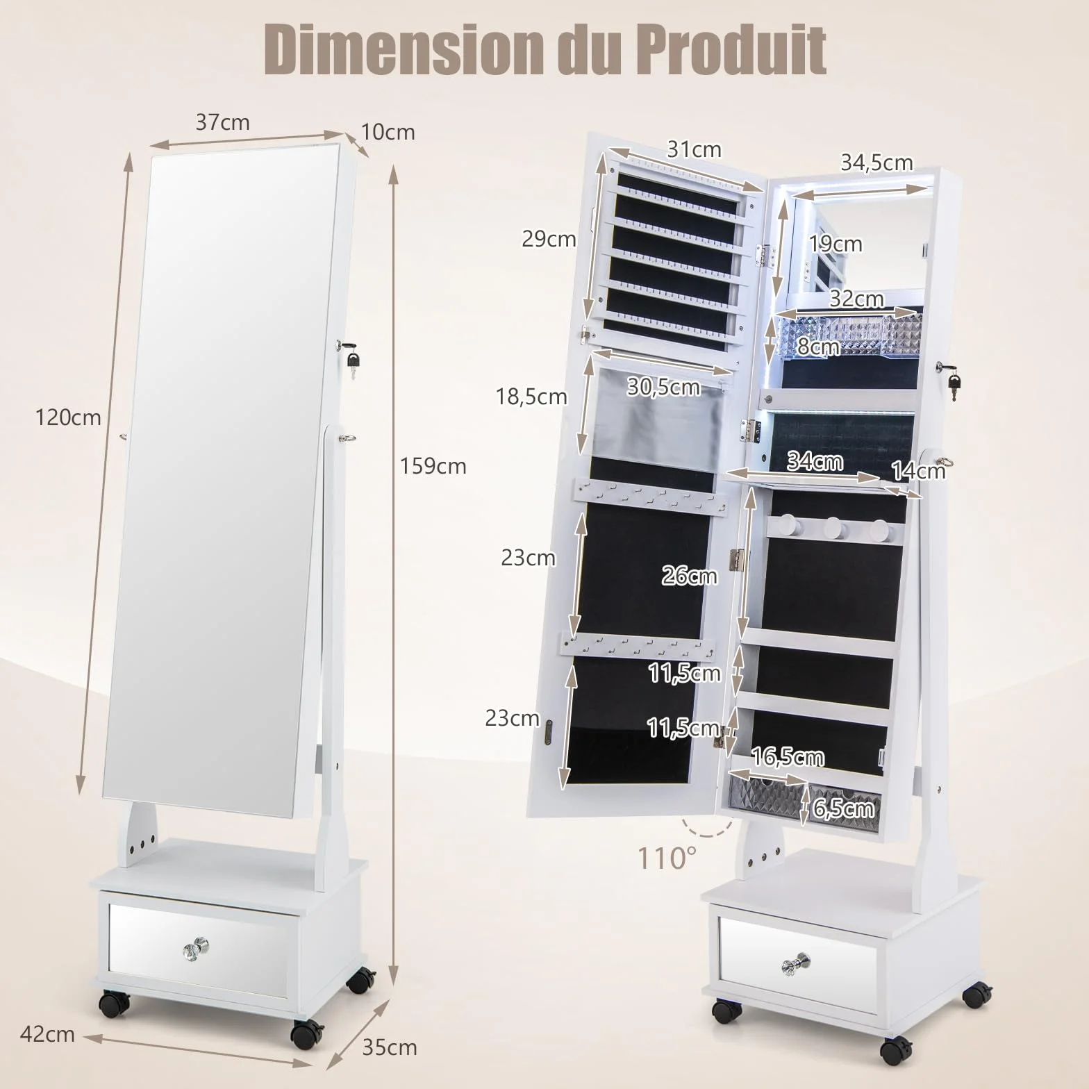 COSTWAY Armoire à Bijoux sur Roulettes Verrouillable avec Miroir Psyché et Lumières LED 3 Couleurs (Blanc)