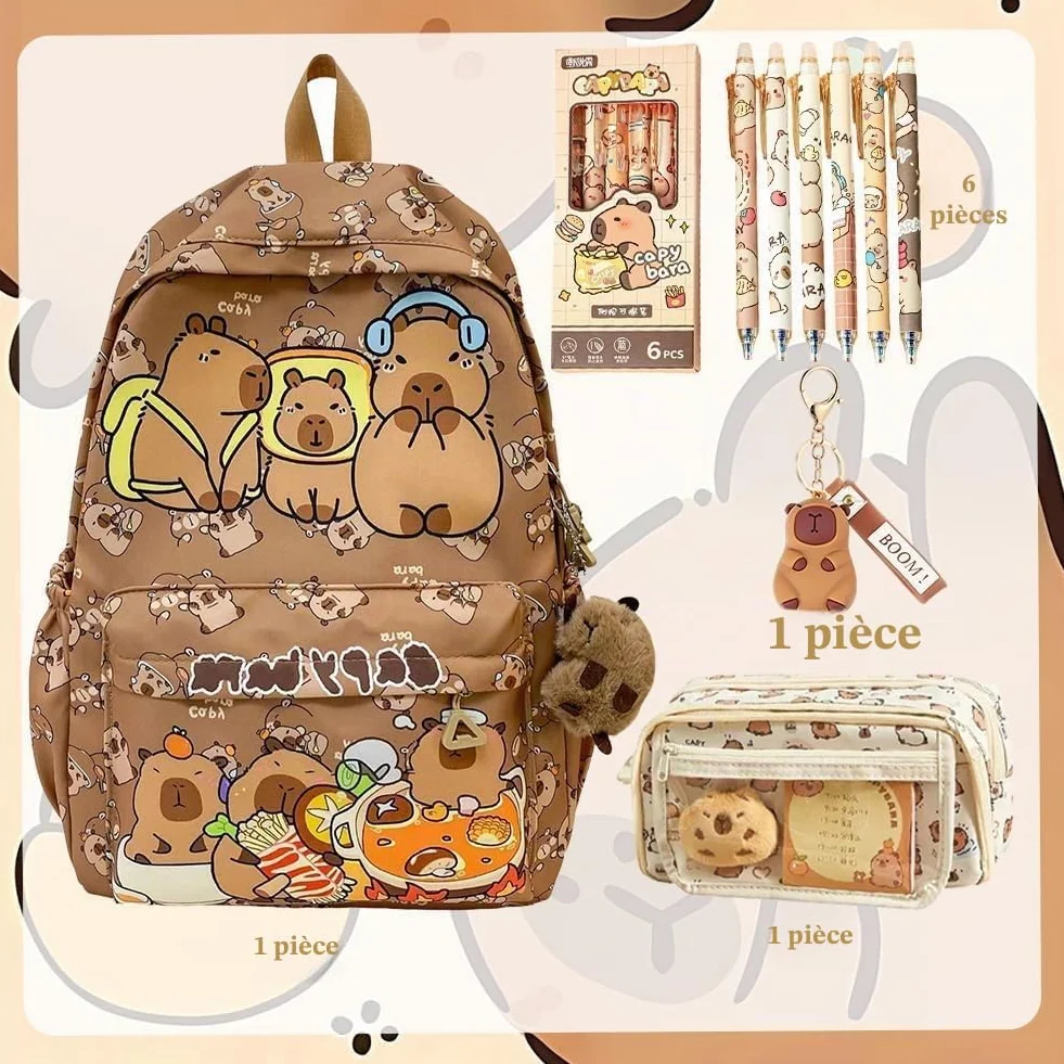 Capybara Schoolbag Cartoon Sac à Dos Scolaire Grande Capacité Kawaii with Federmäppchen, Porte-Clés & Pen Set
