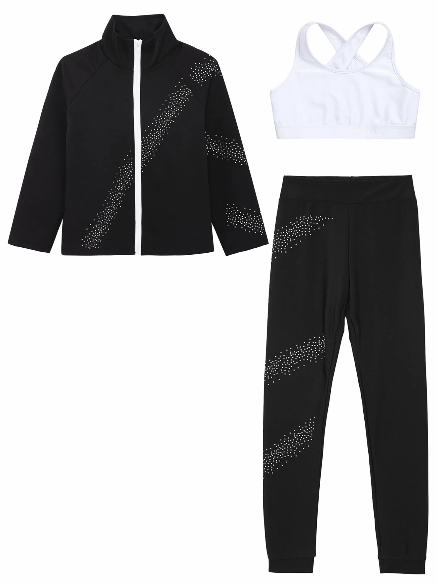 YiZYiF Ensemble Patinage Artistique Paillette Veste Manches Longues Débardeur Legging Justaucorps Gymnastique Costume 5-14 ans