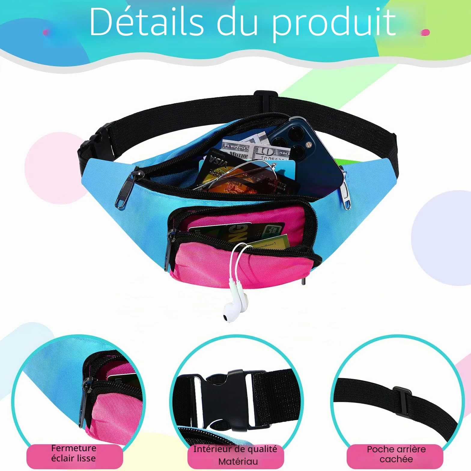 Sac Banane rétro années 80 2 poches mains libres femme homme enfant