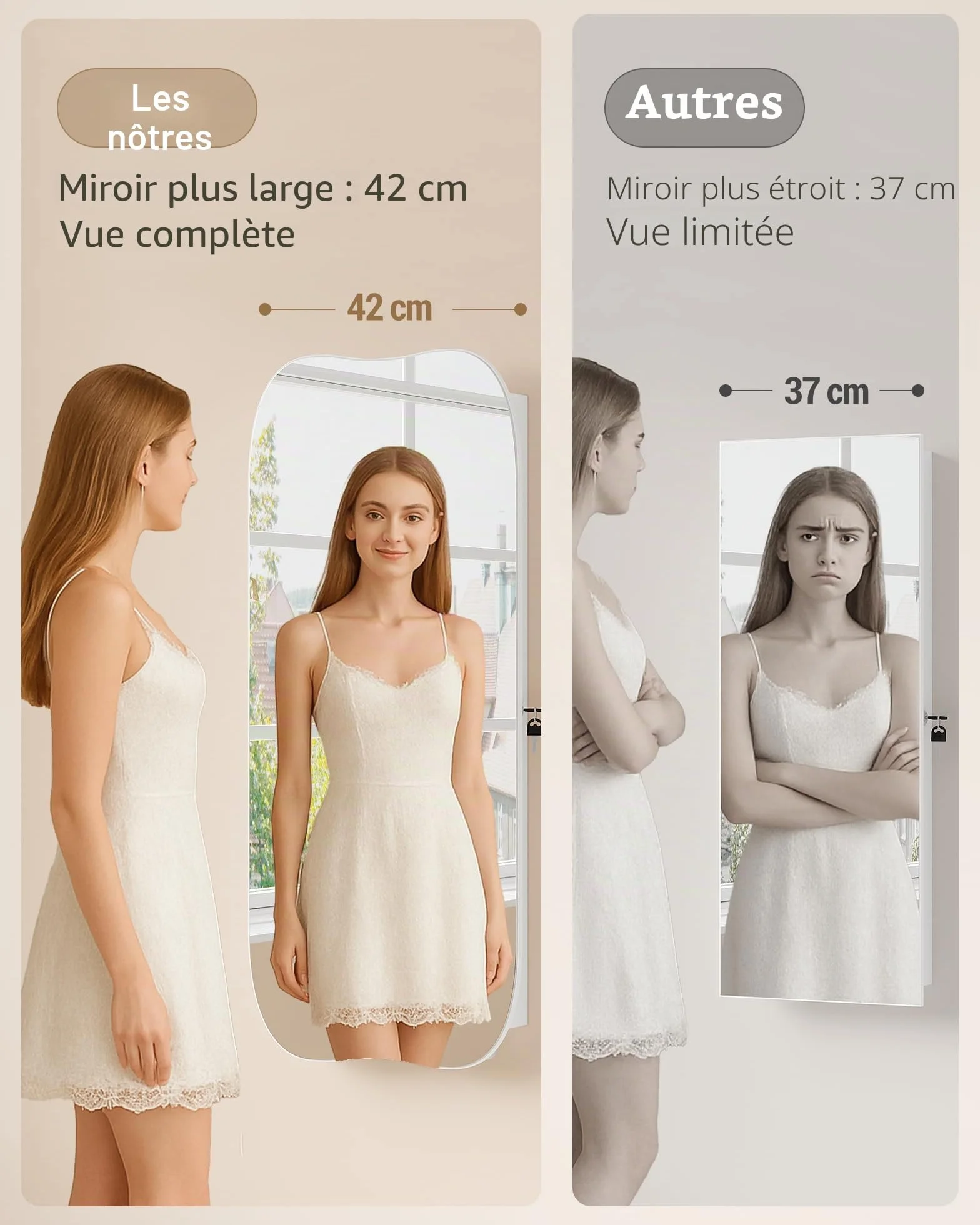 Hzuaneri Armoire à Bijoux avec Miroir Long, LED et Serrure, Grande Capacité, Suspendu ou Mural, Blanc et Doublure Grise Beige