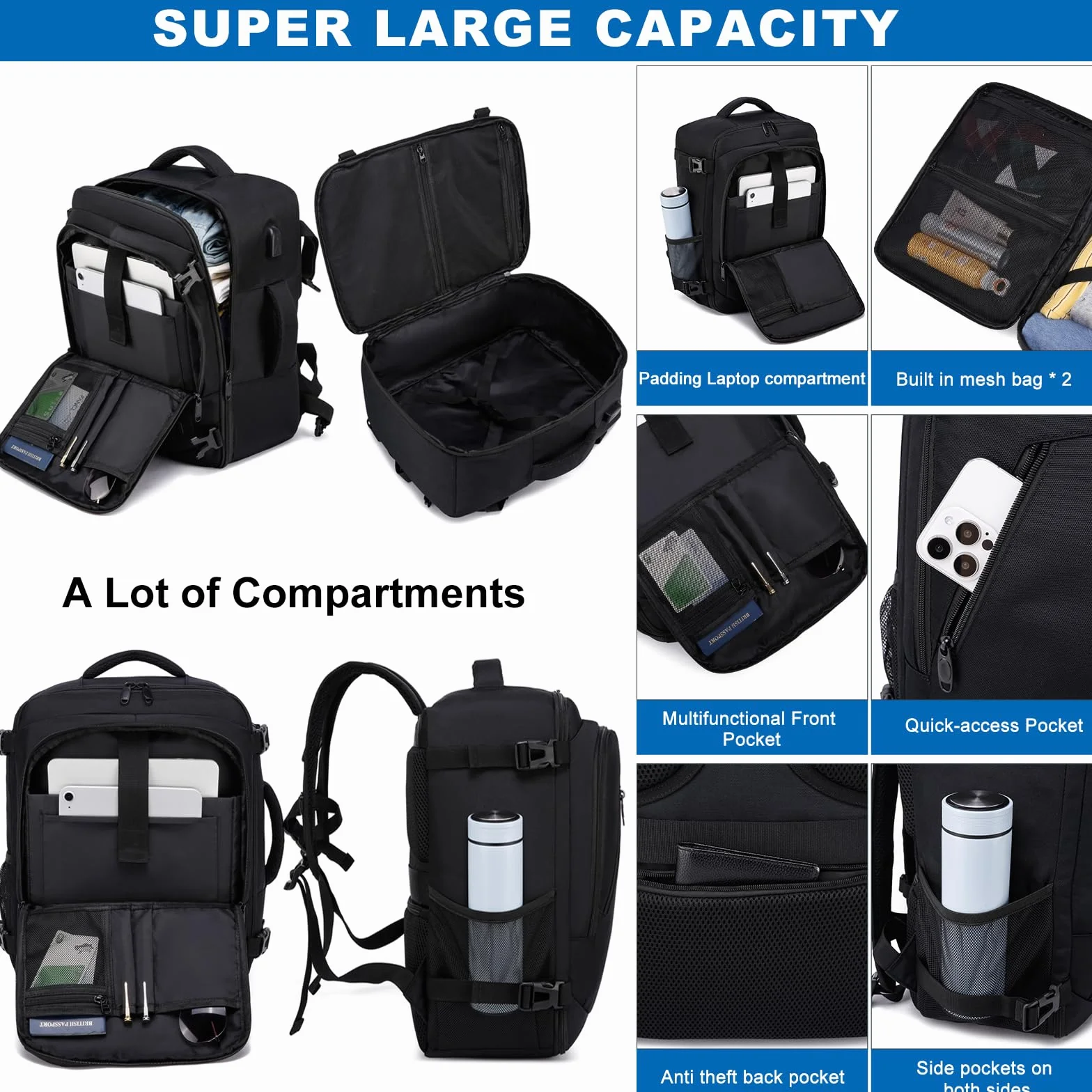 WENIG Bagage Cabine 40x30x20 24L Sac à Dos Voyage Avion avec Port USB Ordinateur Portable 14 Pouces Noir