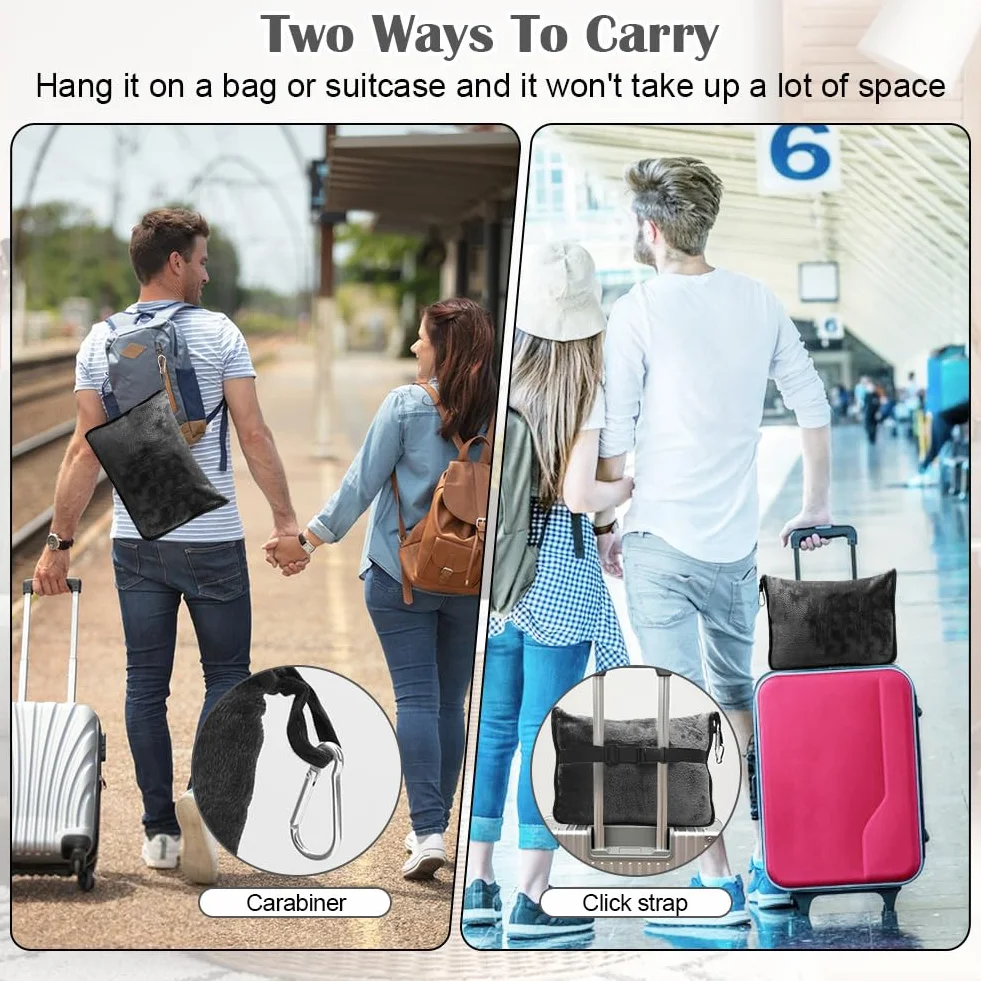 Couverture de Voyage Avion 2 en 1 avec Coussin, Bagages et Clip, Douce et Chaude, 127x152cm, Noir