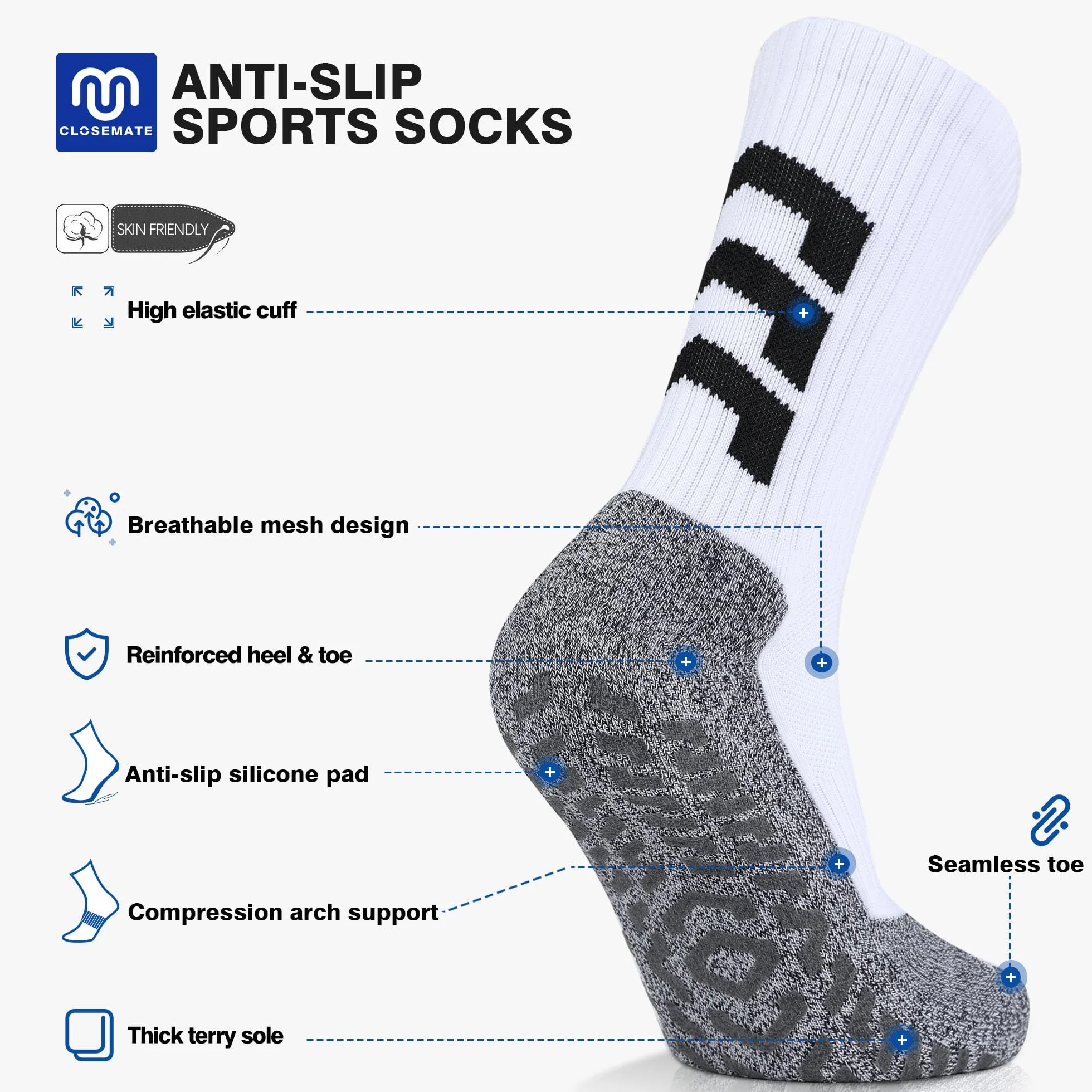 CLOSEMATE Chaussettes Antidérapantes Homme Femme Sport Football Randonnée 35-38 39-42 43-46 Blanc Noir 3 Paires