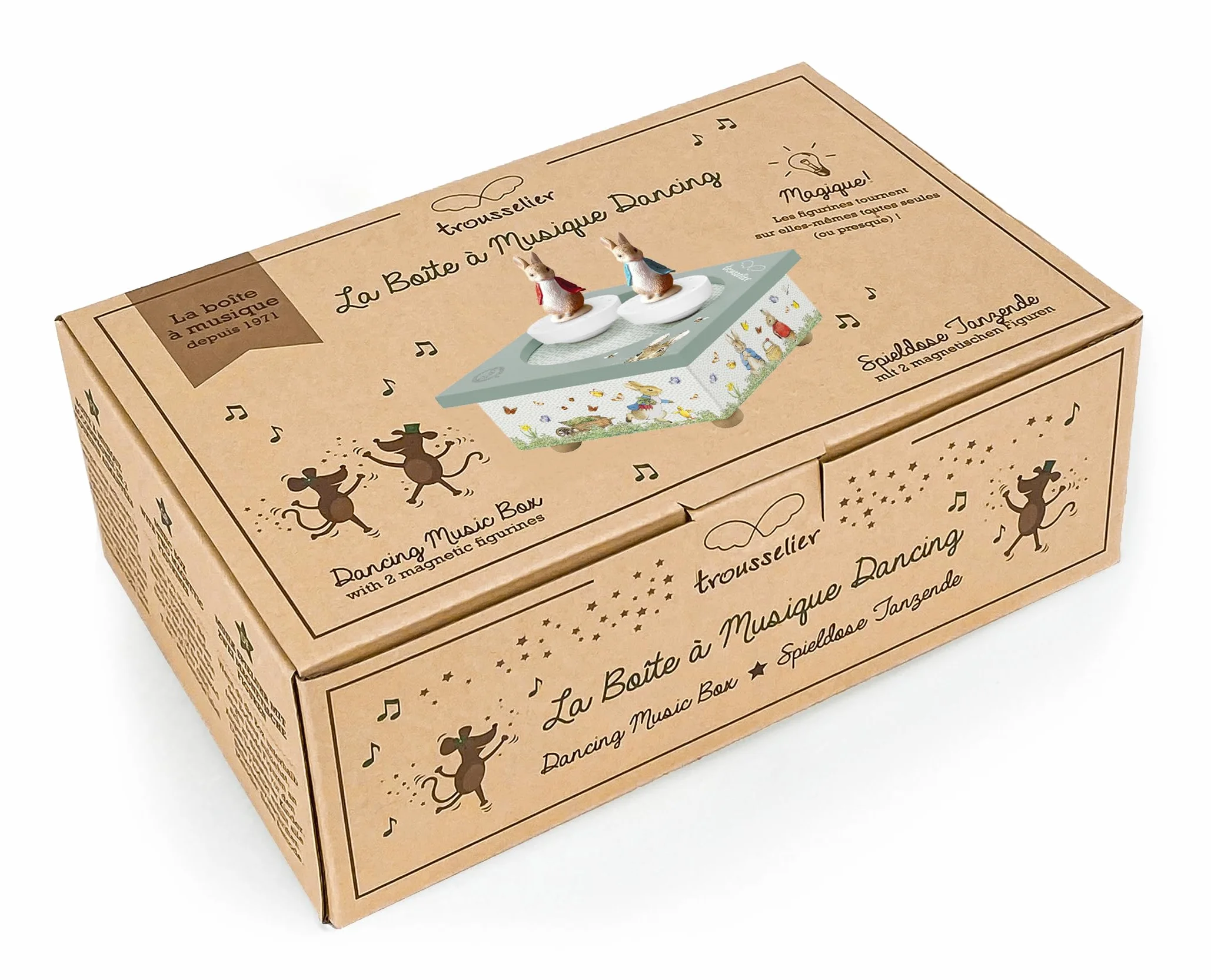 TROUSSELIER Pierre Lapin Peter Rabbit Boîte à Musique Bébé Dancing en Bois Figurines Amovibles Cadeau Naissance Mozart
