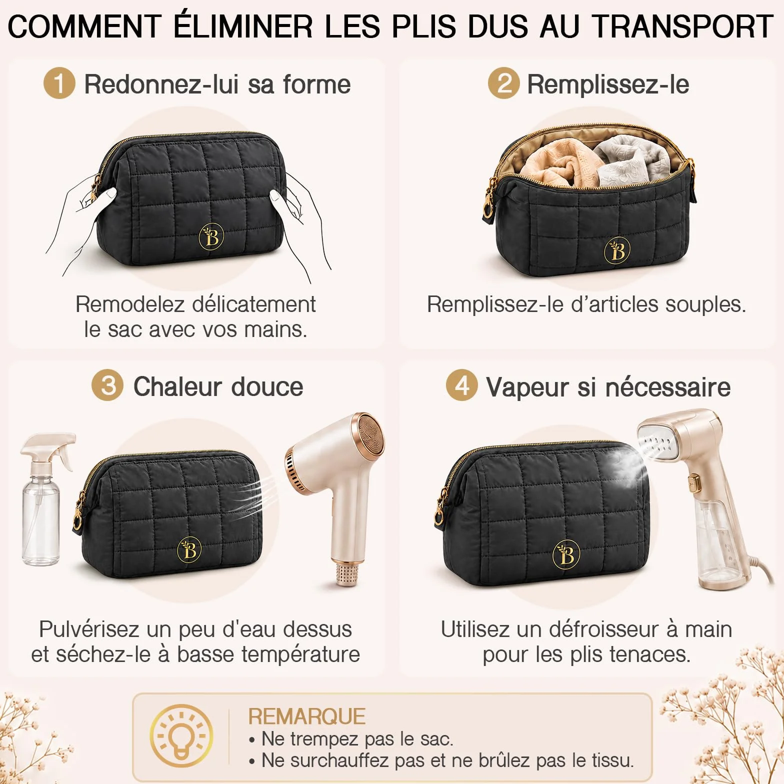 Trousse de Toilette Femme Noir Matelassée Grande Ouverture Organisateur Maquillage Voyage