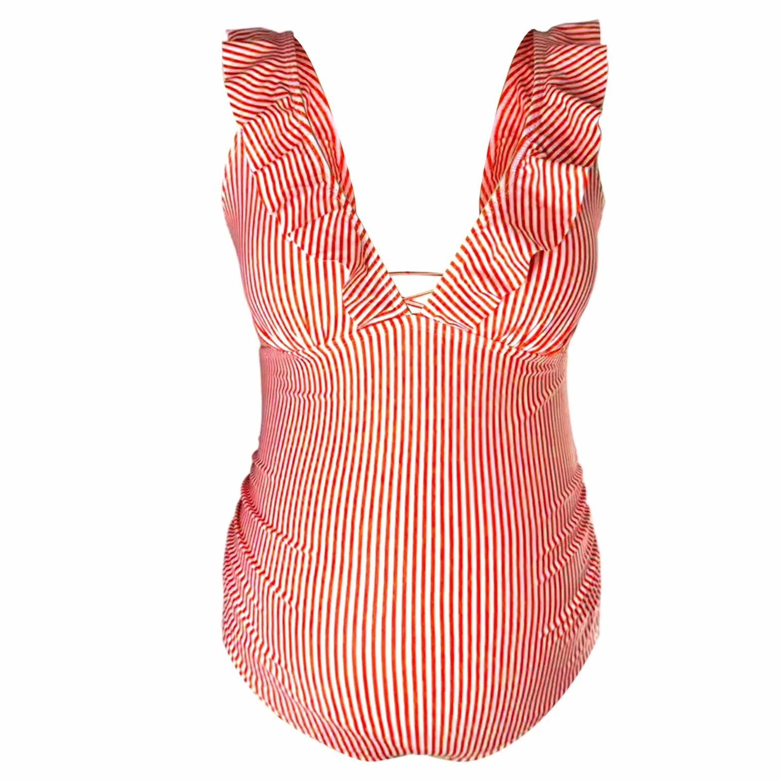Maillot de Bain Grossesse 1 Pièce Rayé à Nouer dans le Dos avec Volants pour Plage et Piscines