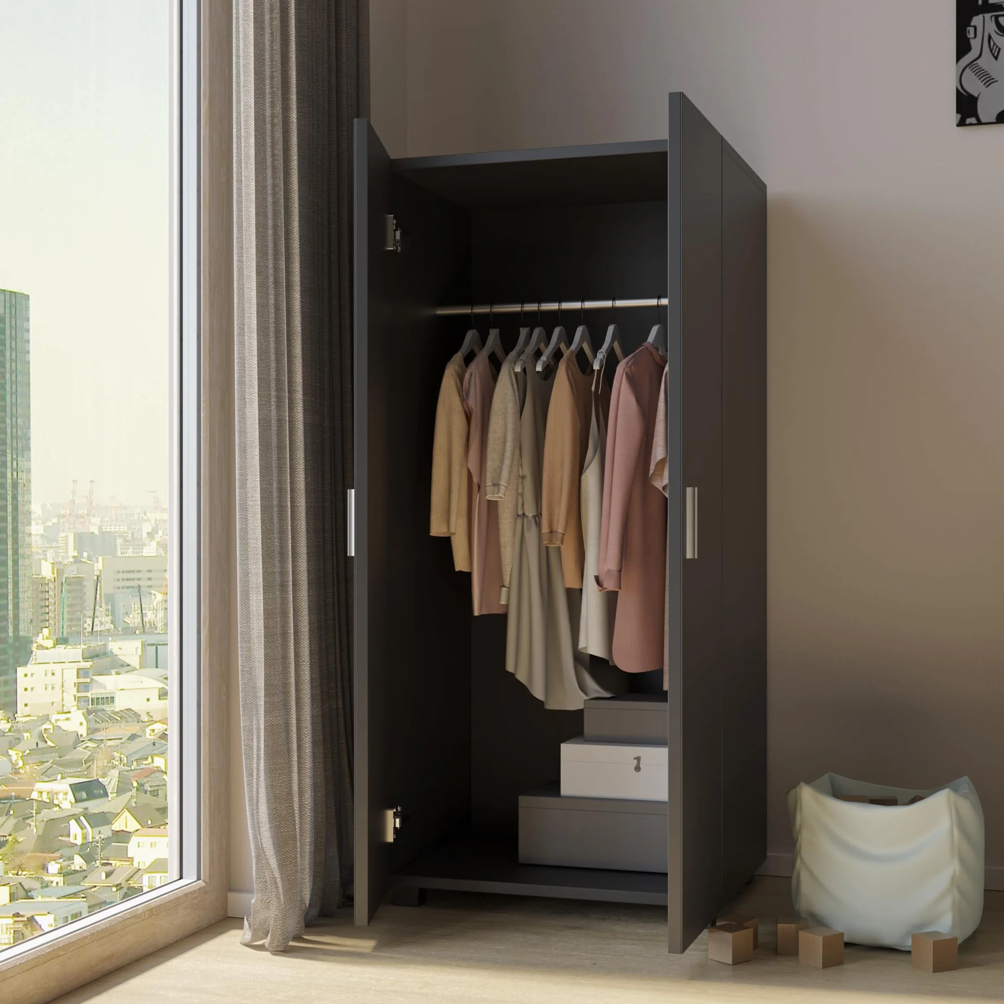 URBNLIVING Orlando Armoire en bois 2 portes avec barre suspendue noir