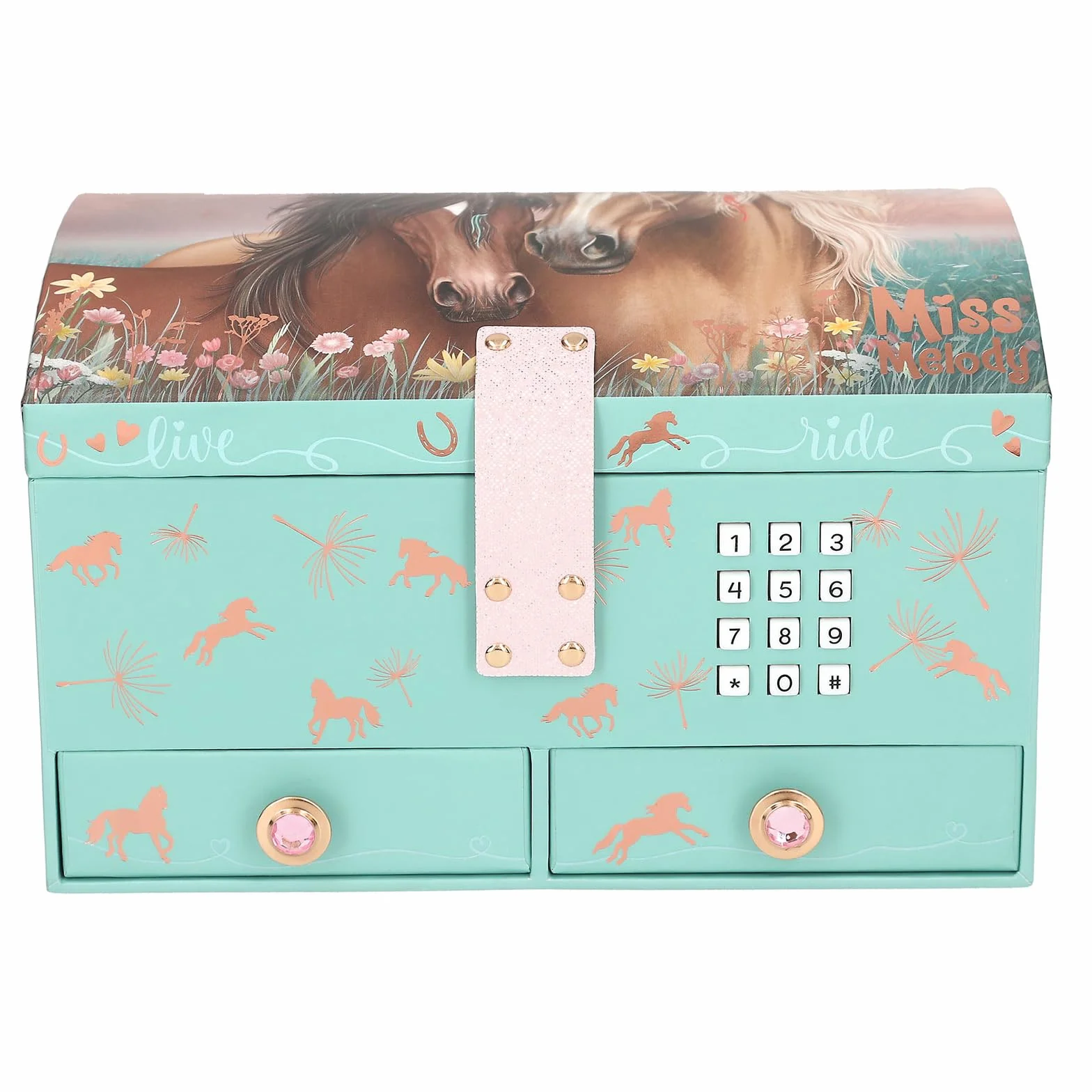 Depesche Miss Melody Grande boîte à Bijoux Turquoise Rose Chevaux Or Rose Code Son Miroir