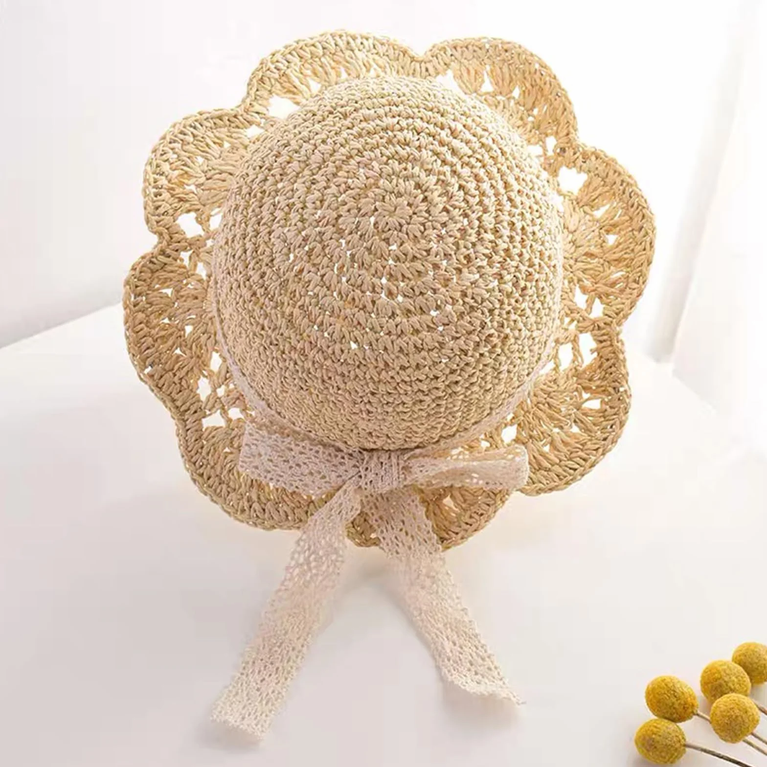 Chapeau Paille Fille Soleil Protection Solaire Pliable Noeud 2-6 Ans