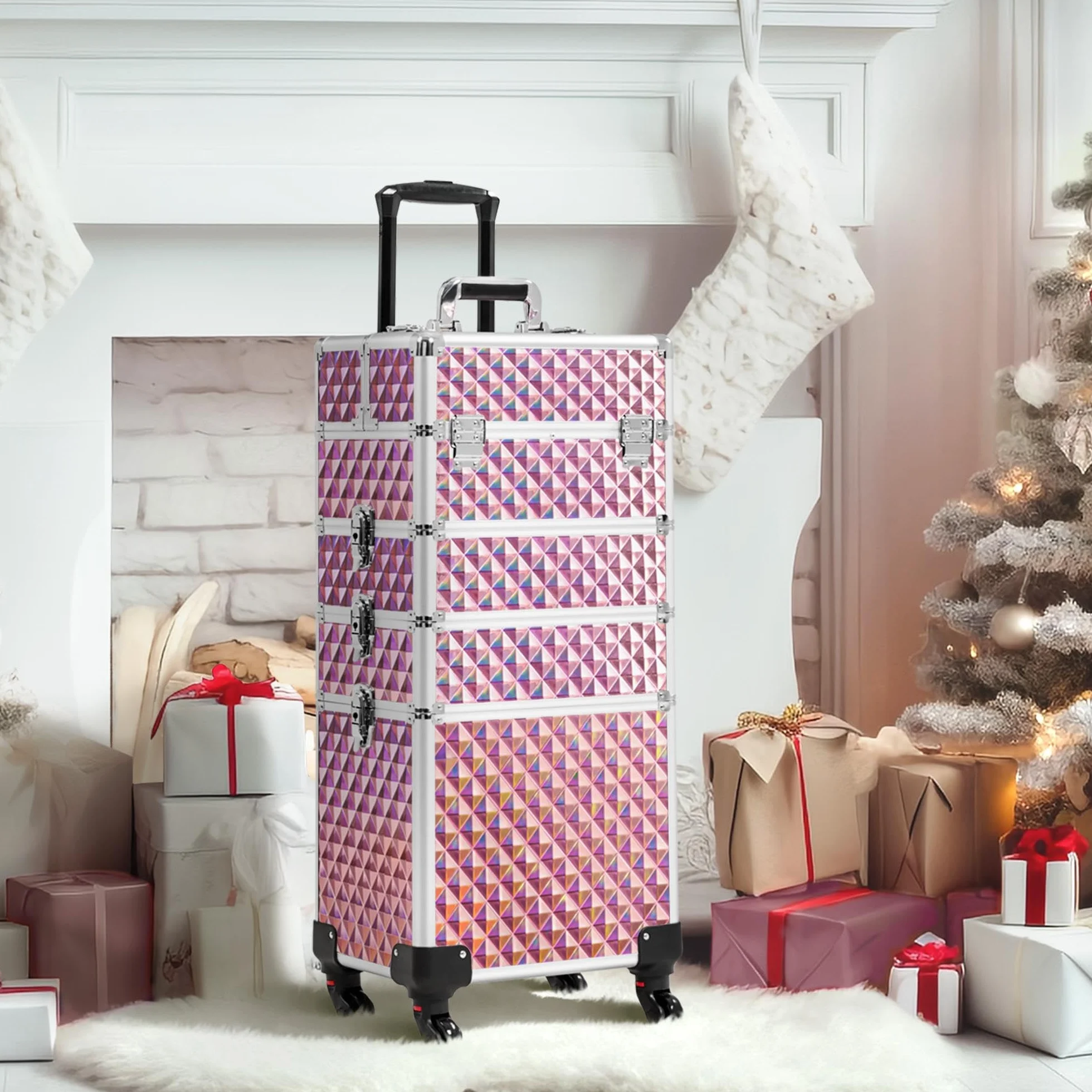 Abician Grande Valise de Maquillage 4 en 1 Mallette Professionnelle Beauty Case Voyage 34×25,5×80,2 cm Rose Pailleté
