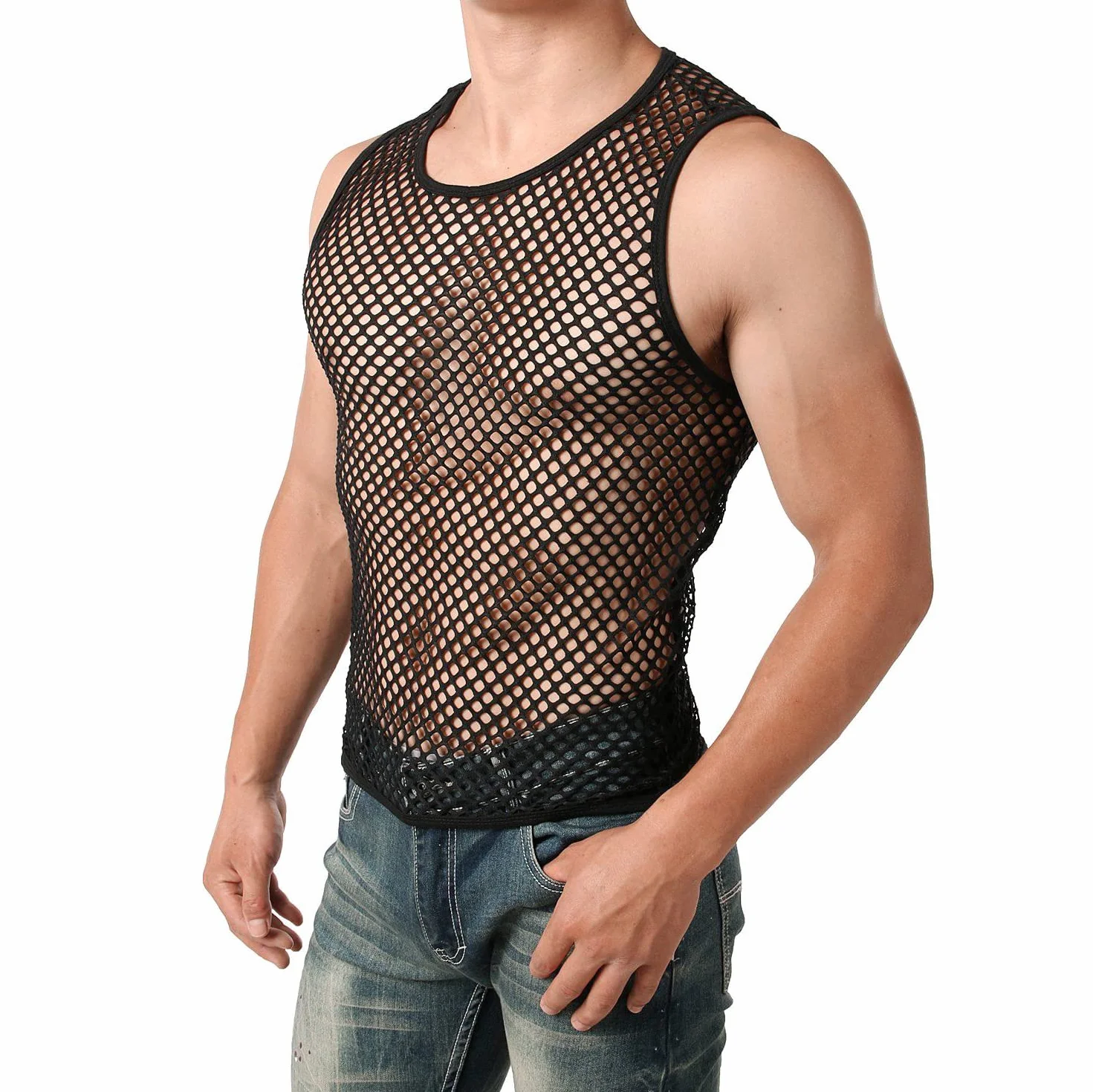 Maillot de Corps en Maille Transparent sans Manches pour Homme, Débardeur Filet Respirante T-Shirt Muscle Tank Top Noir
