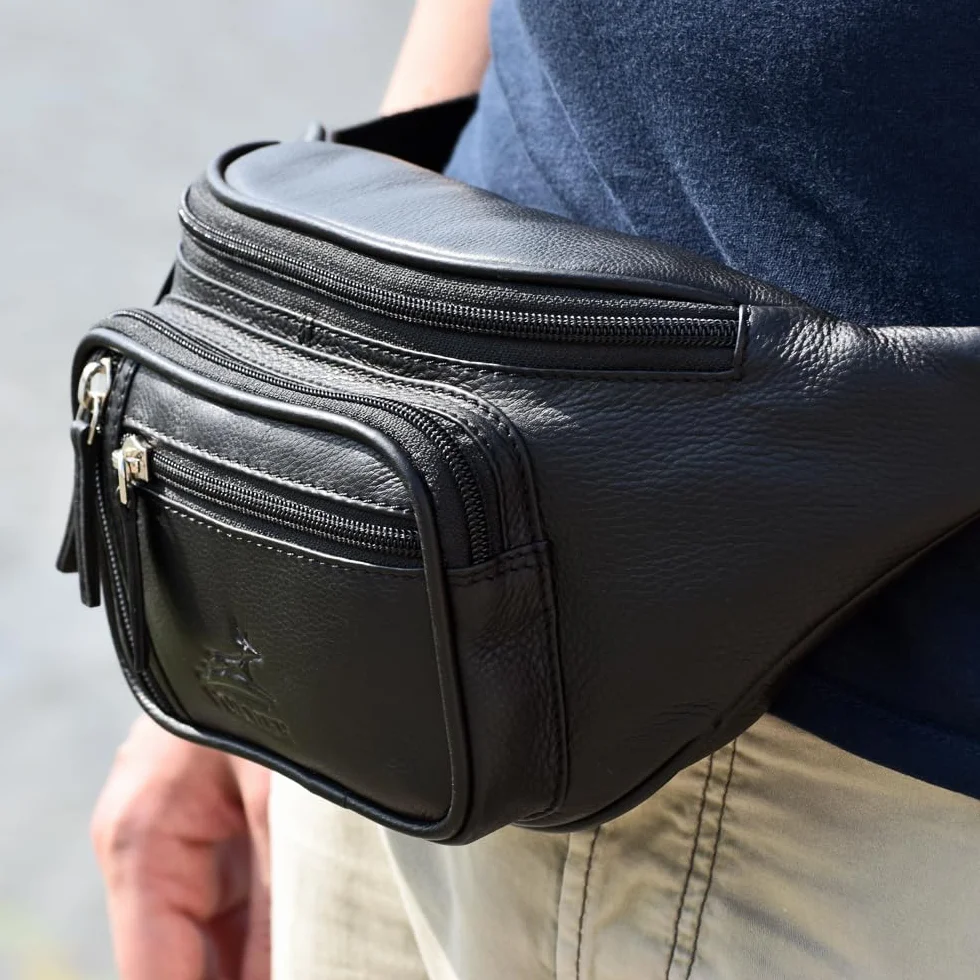 Sac Banane en Cuir Véritable pour Homme et Femme, Noir et Marron