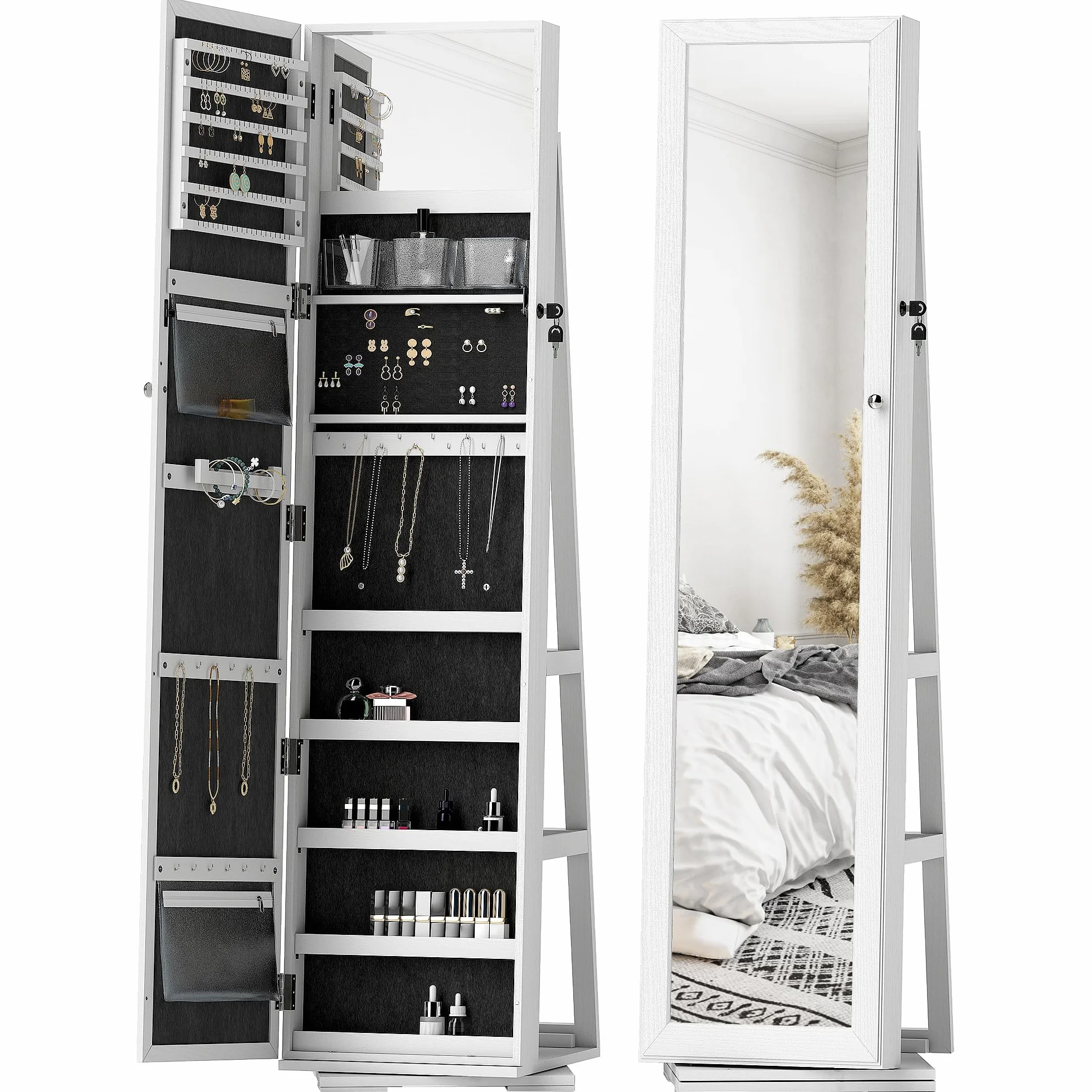 HOMCOM Armoire à Bijoux pivotante verrouillable avec Miroir en Bois Blanc