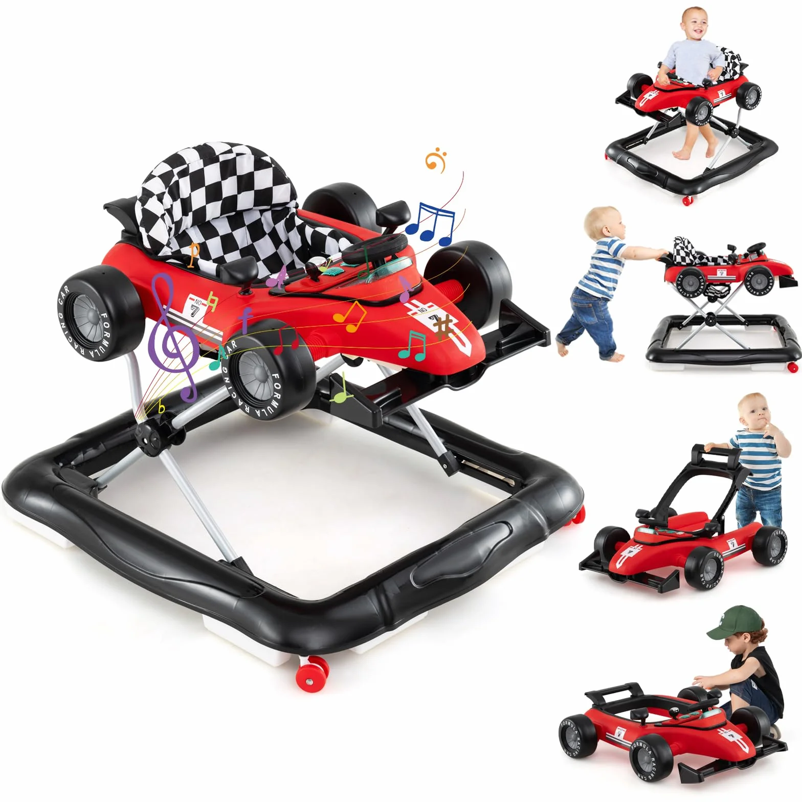 GOPLUS Trotteur Bébé 4 en 1 Pliable avec 3 Hauteurs Réglables, Musique, Lumières, Charge 12 KG 6-12 Mois Rouge