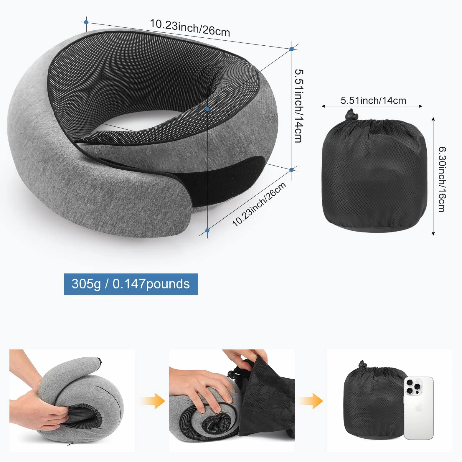 Nomadike-s NOMAREST Coussin de Voyage Mémoire de Forme Oreiller Ergonomique Mousse Avion Voiture Gris