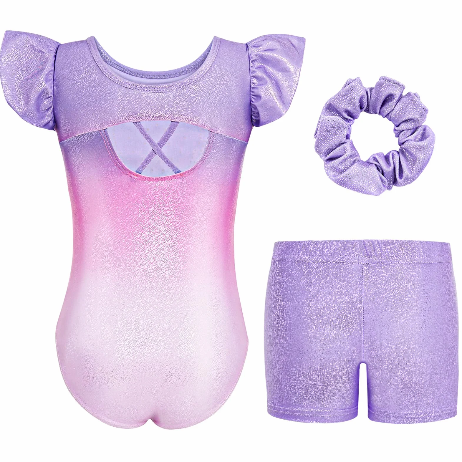 Gogokids Ensemble de Gymnastique 3 Pièces Justaucorps à Manches Volantées pour Filles Design à Paillettes Dégradées 3-12 Ans