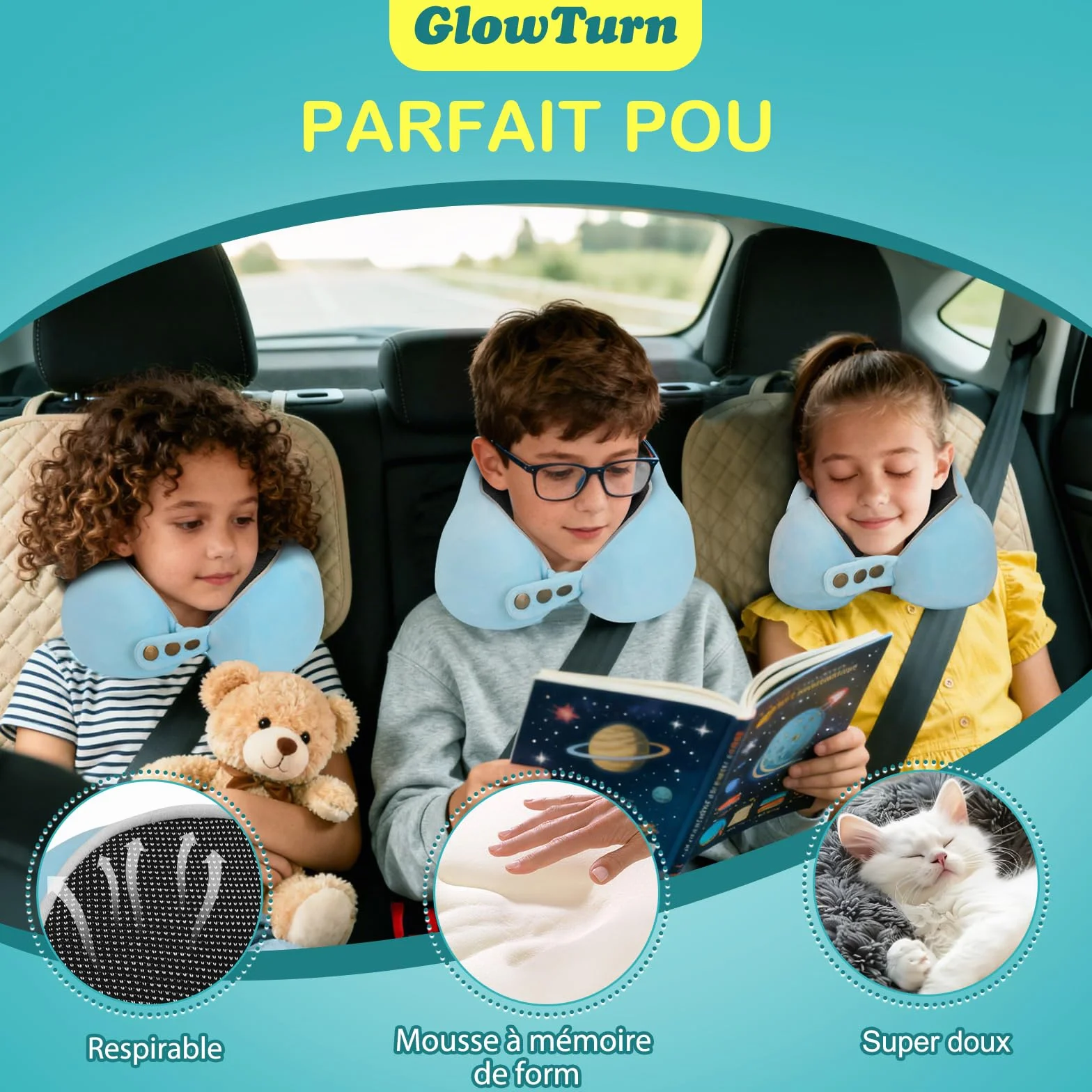 Coussin de Voyage Enfant Adulte Mousse à Mémoire 220 g Soutien 360° Réglable Pliable Avion Train Voiture Bleu