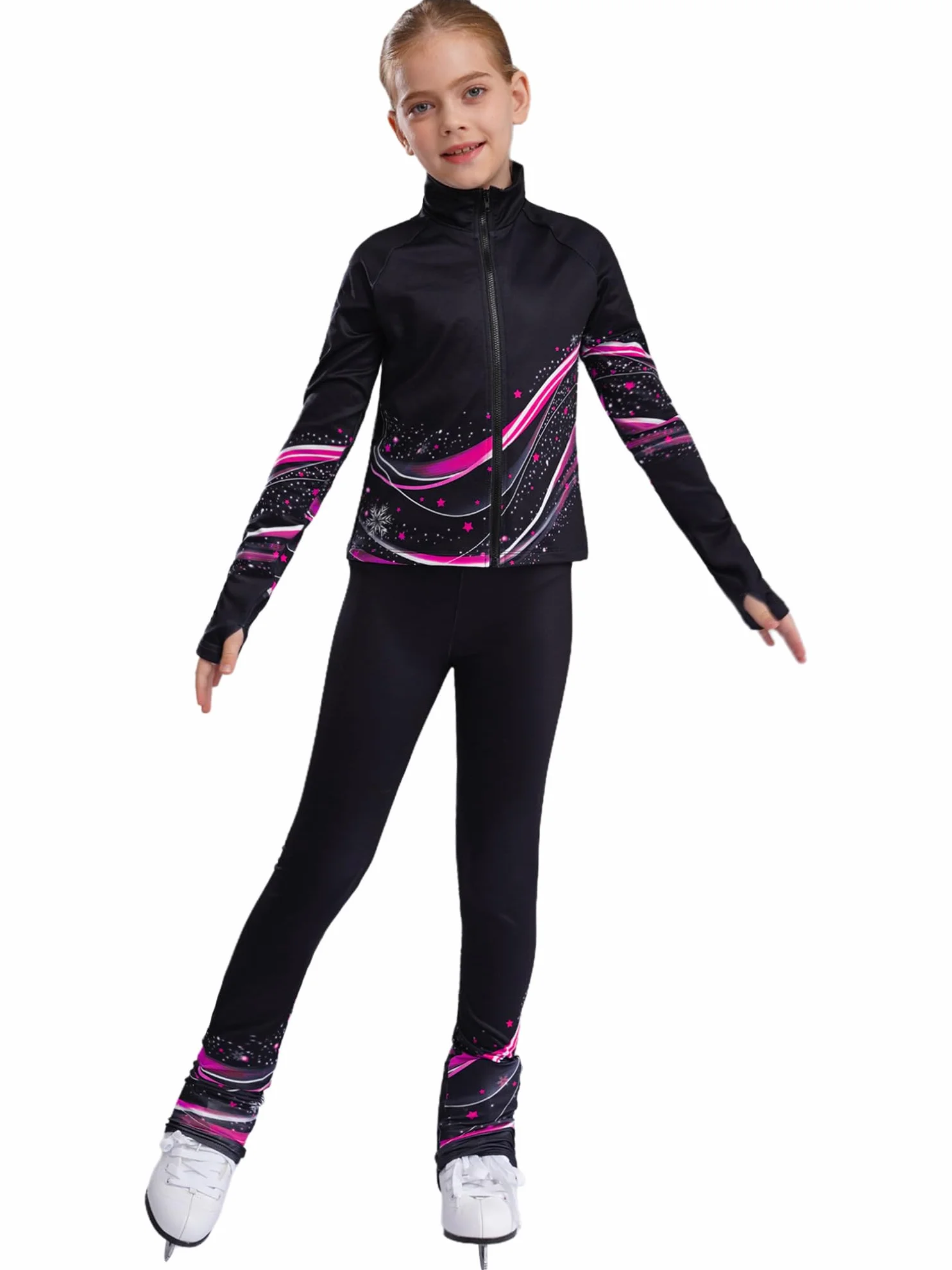Ensemble Patinage Artistique Fille Veste Chaud Polaire Pantalon Collant Legging Tenue Glace Sport Rose vif 9-10 ans