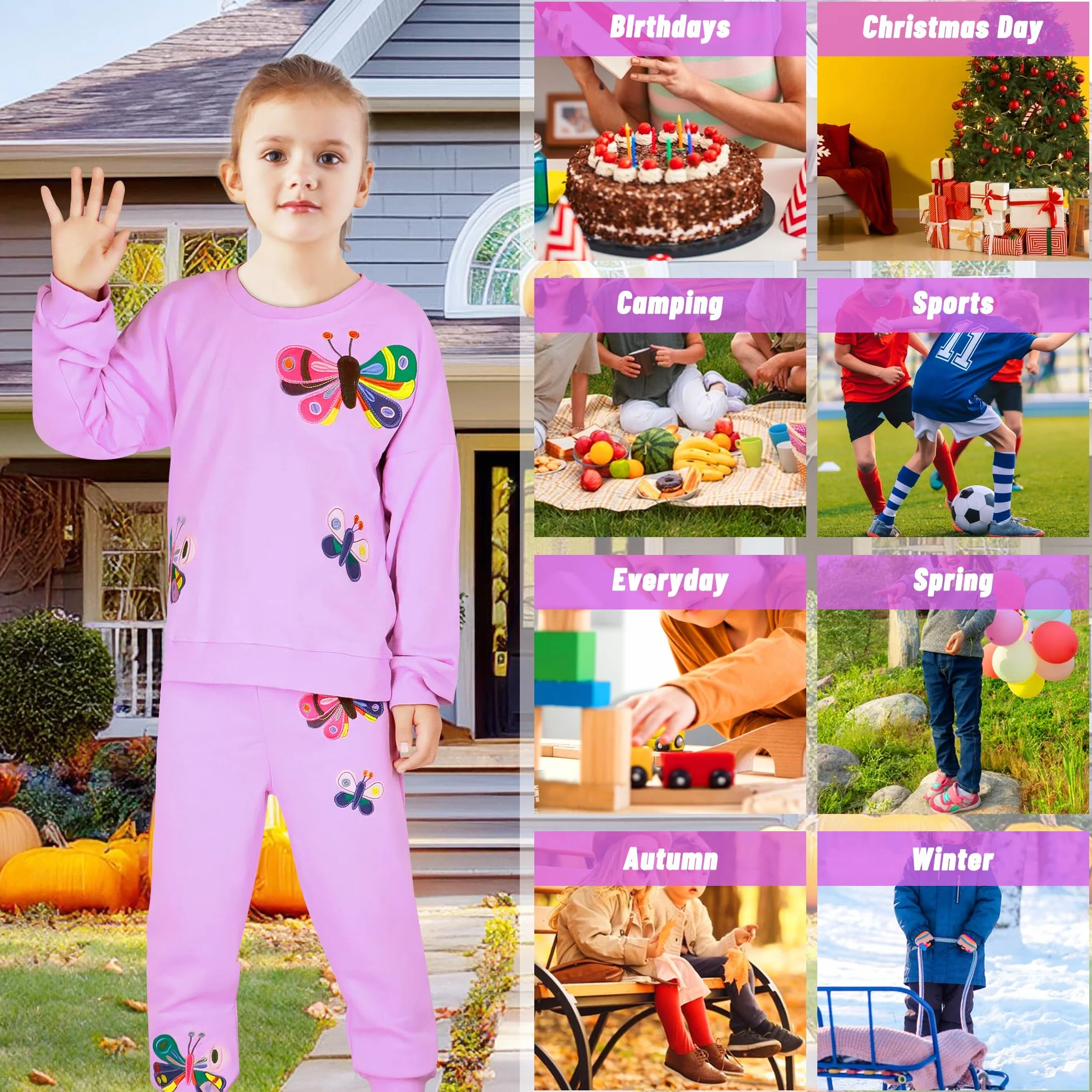 Survêtement Fille Enfant Jogging Ensemble Sport Coton Chaud Manches Longues Pull Imprimé Sweat Pantalon Poche 2-7 ans