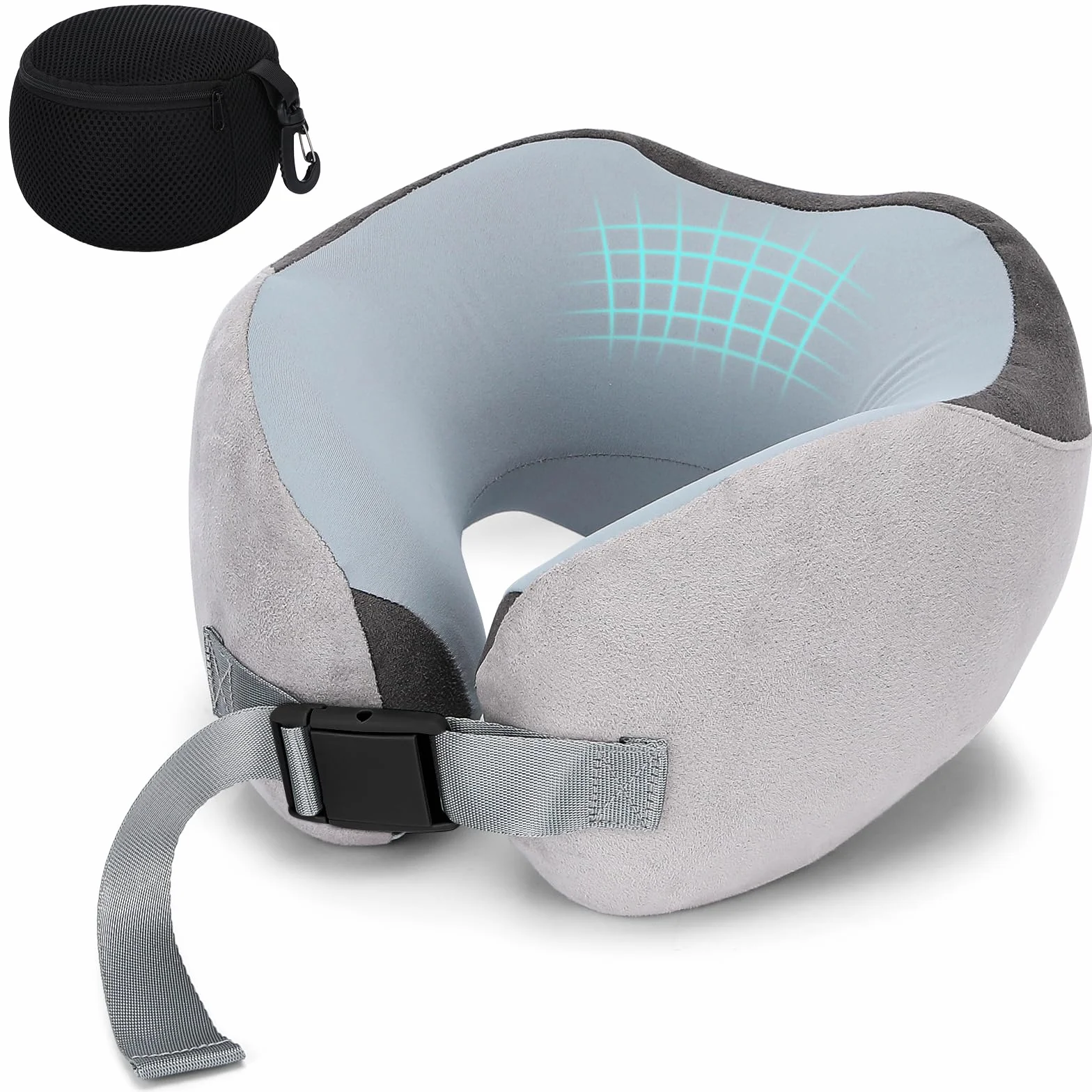 Oreiller de Voyage pour Avion en Mousse à Mémoire de Forme, Coussin Avion Soie de Glace Réglable avec Sac de Rangement (Gris)