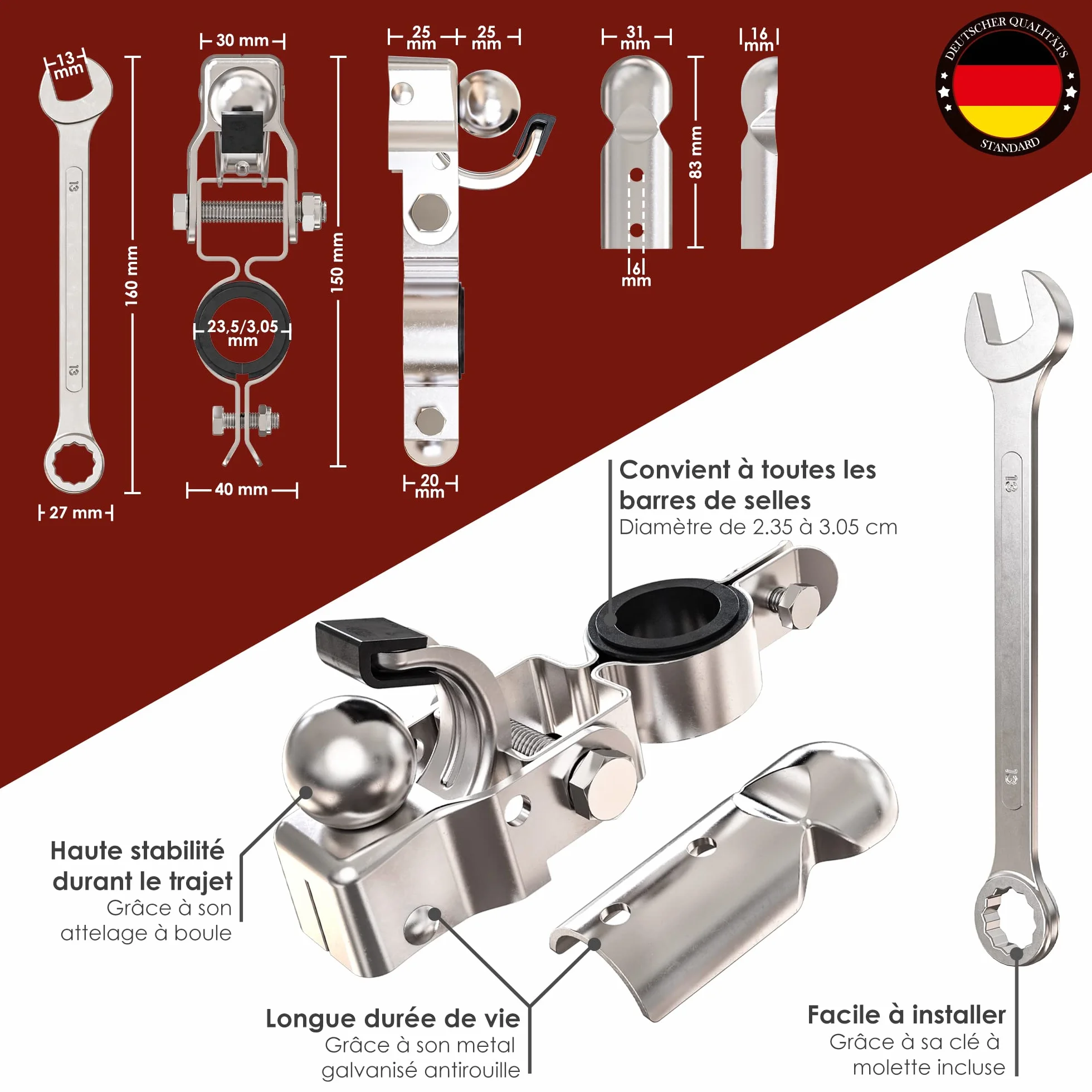 Weidebach Attache remorque vélo métal galvanisé Ø 2.35-3.05 cm clé à molette incluse