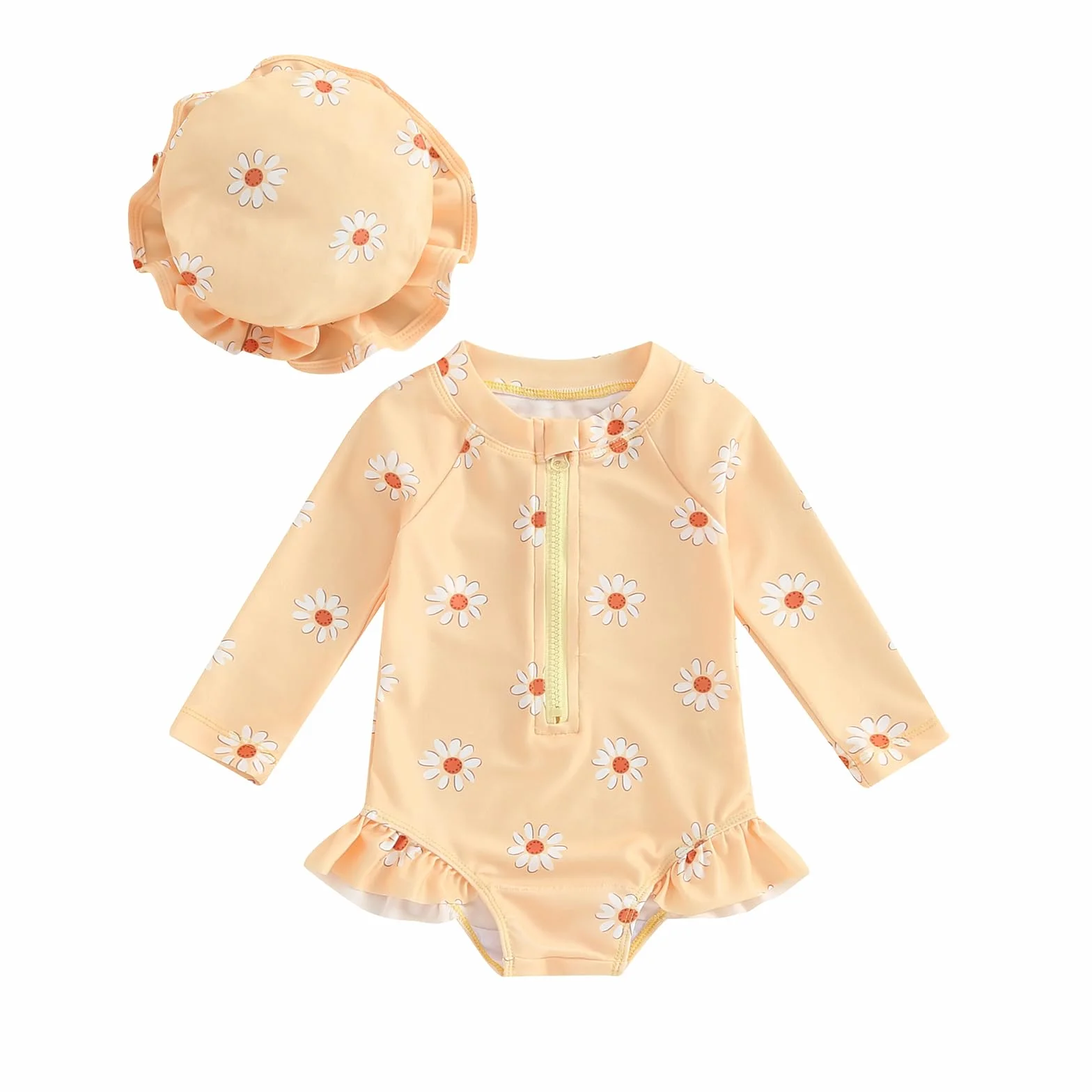 Carolilly Maillot de Bain Une Pièce Bébé Fille à Volant Imprimé Floral Anti-UV Manches Longues avec Chapeau 6 Mois à 3 Ans