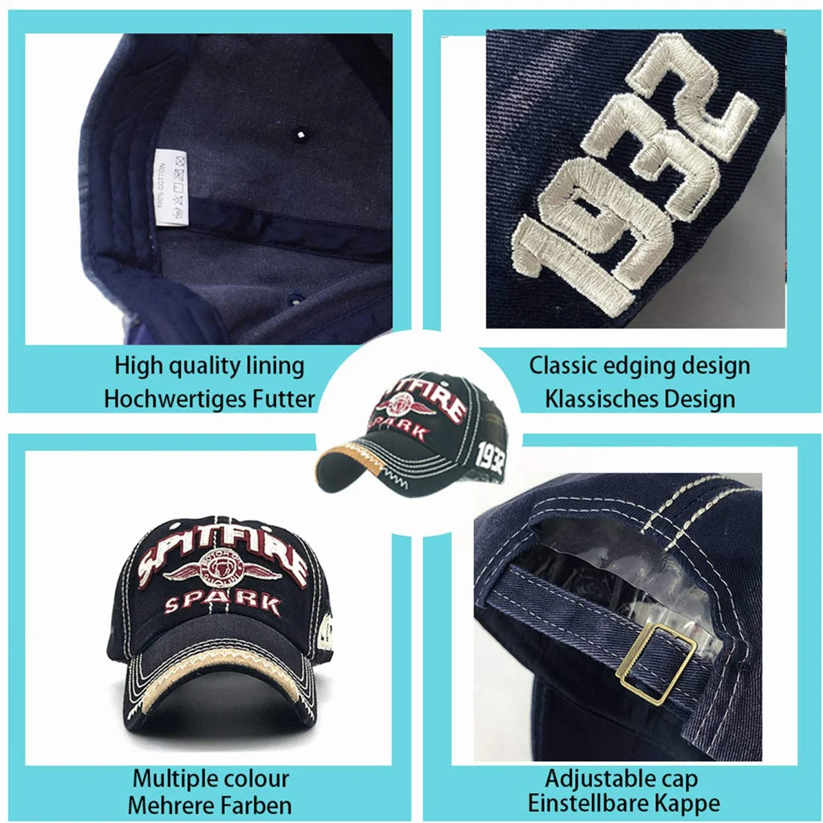 Casquette de Baseball Retro Ajustable Boucle en Metal Unisexe Homme Femme