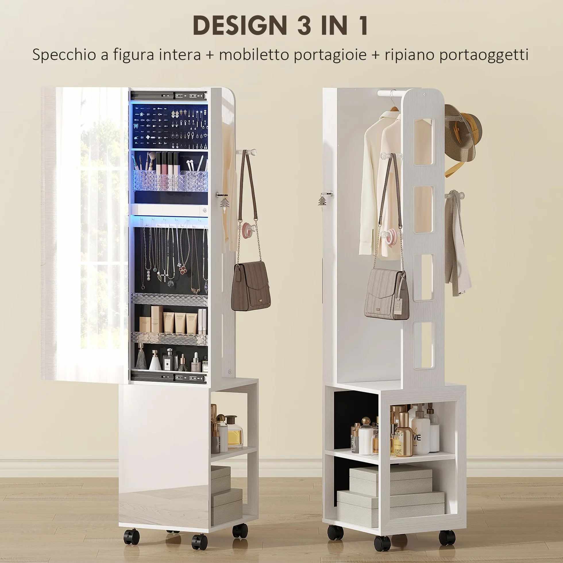 HOMCOM Armoire à bijoux pivotante 360° avec miroir LED, organisateur verrouillable, blanc