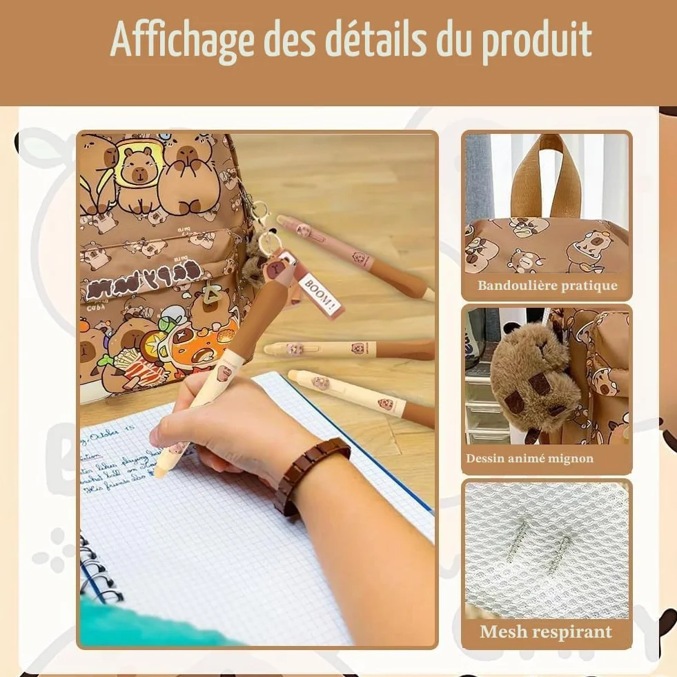 Capybara Schoolbag Cartoon Sac à Dos Scolaire Grande Capacité Kawaii with Federmäppchen, Porte-Clés & Pen Set