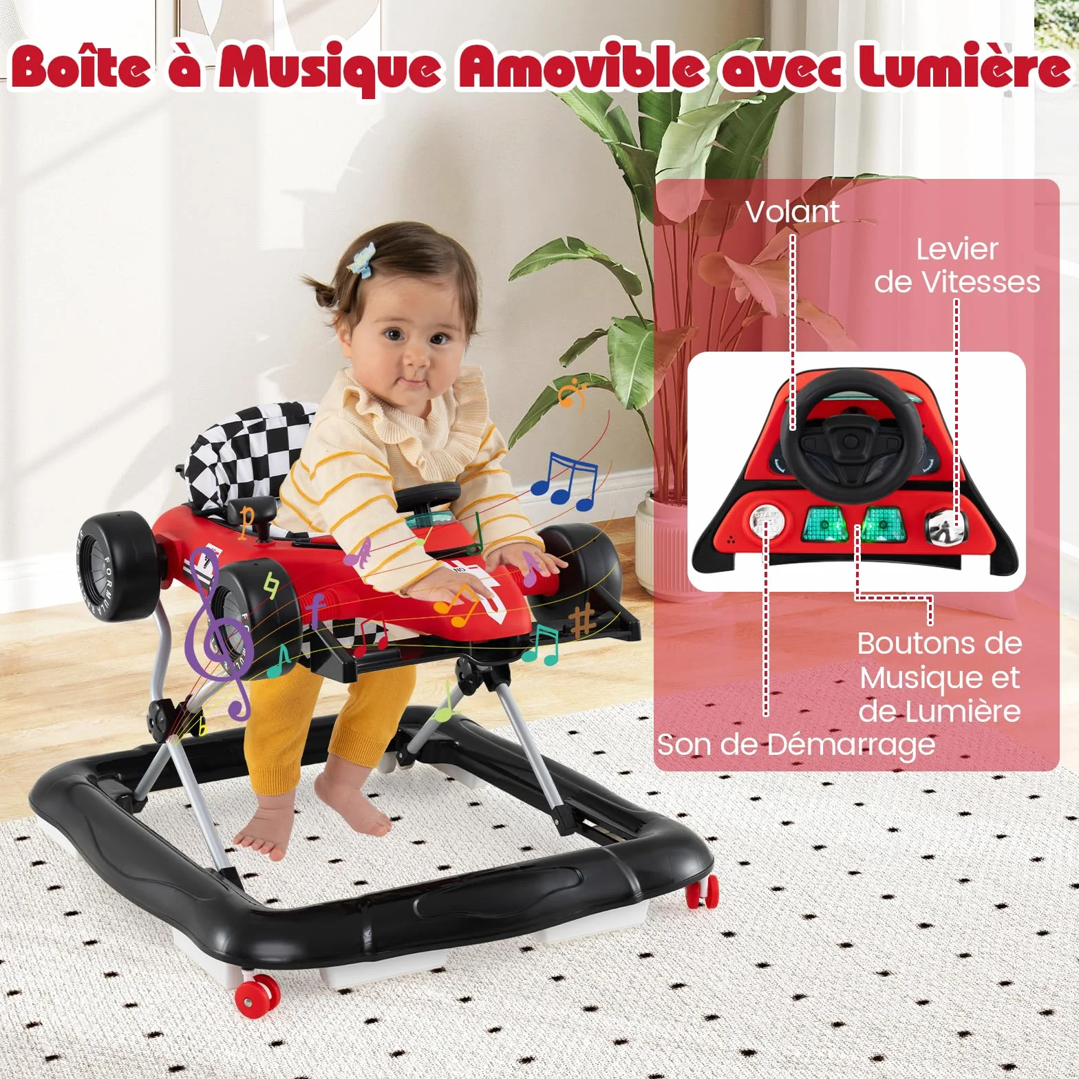 GOPLUS Trotteur Bébé 4 en 1 Pliable avec 3 Hauteurs Réglables, Musique, Lumières, Charge 12 KG 6-12 Mois Rouge