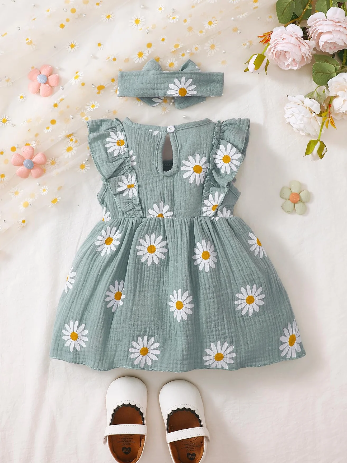 Robe D'été Bébé Fille Nouveau-né Motif Marguerite avec Bandeau